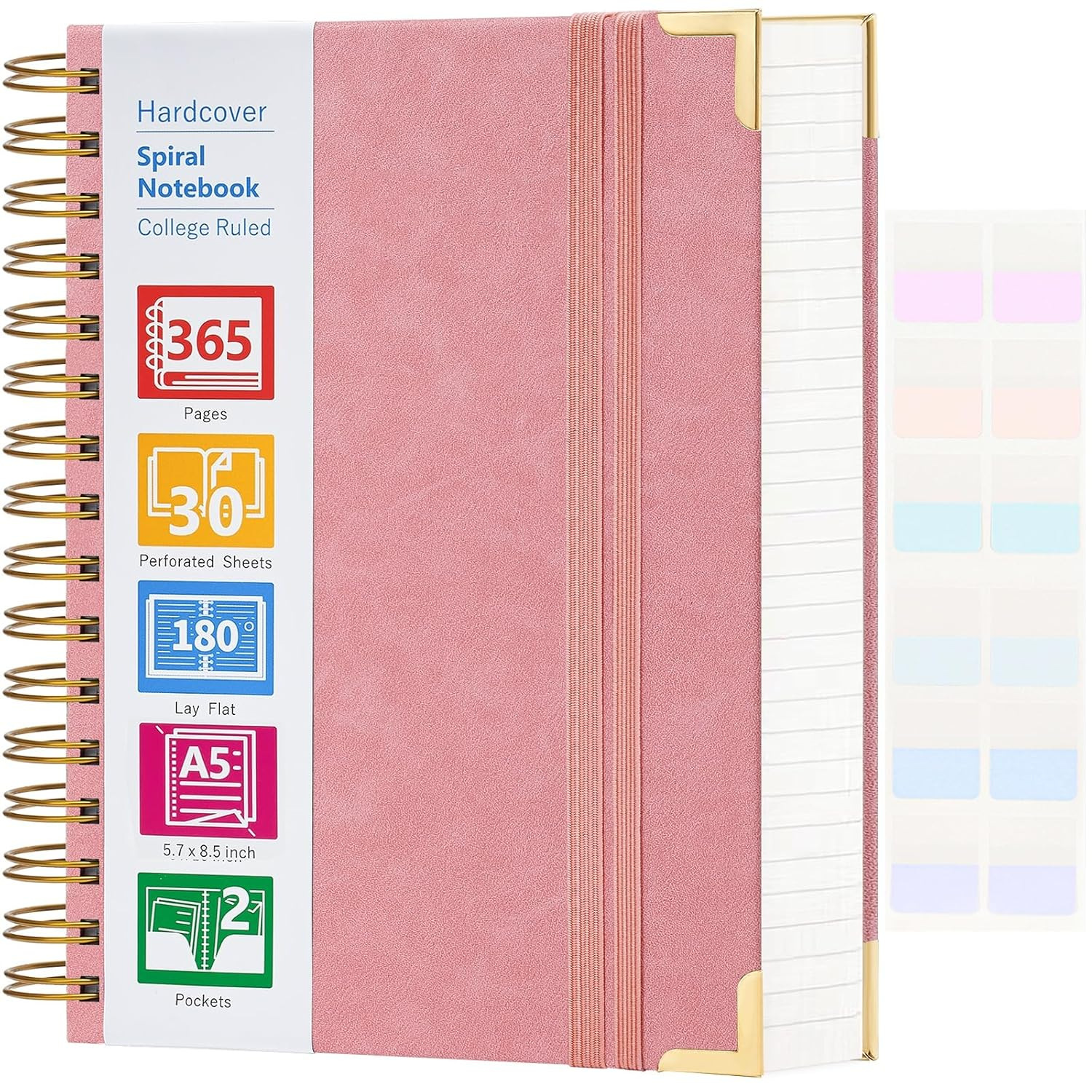 Spiral Notebook, 365 Page Hardcover Leather Notebook Journal, Large A5 Lined Journal for Women Men, College Ruled Notebooks for Work School, Journals for Writing, 24Pcs Index Tabs, 5.5" X 8.5", Pink image number 1