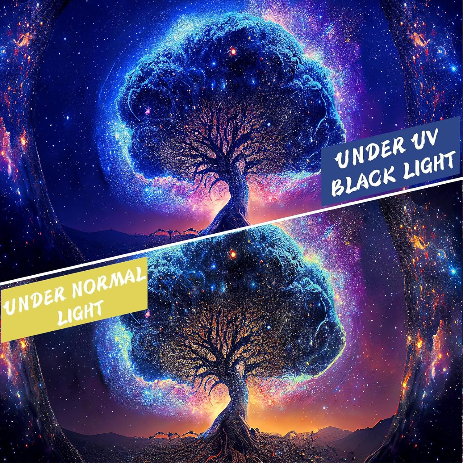 Blacklight Tree and Space Tapestry for Bedroom, Aesthetic Cool Black Light Tree of Life Tapestries for Girl, Fantasy Stars Galaxy Wall Hanging for Living Room Teen Dorm Decor (51" X 60")