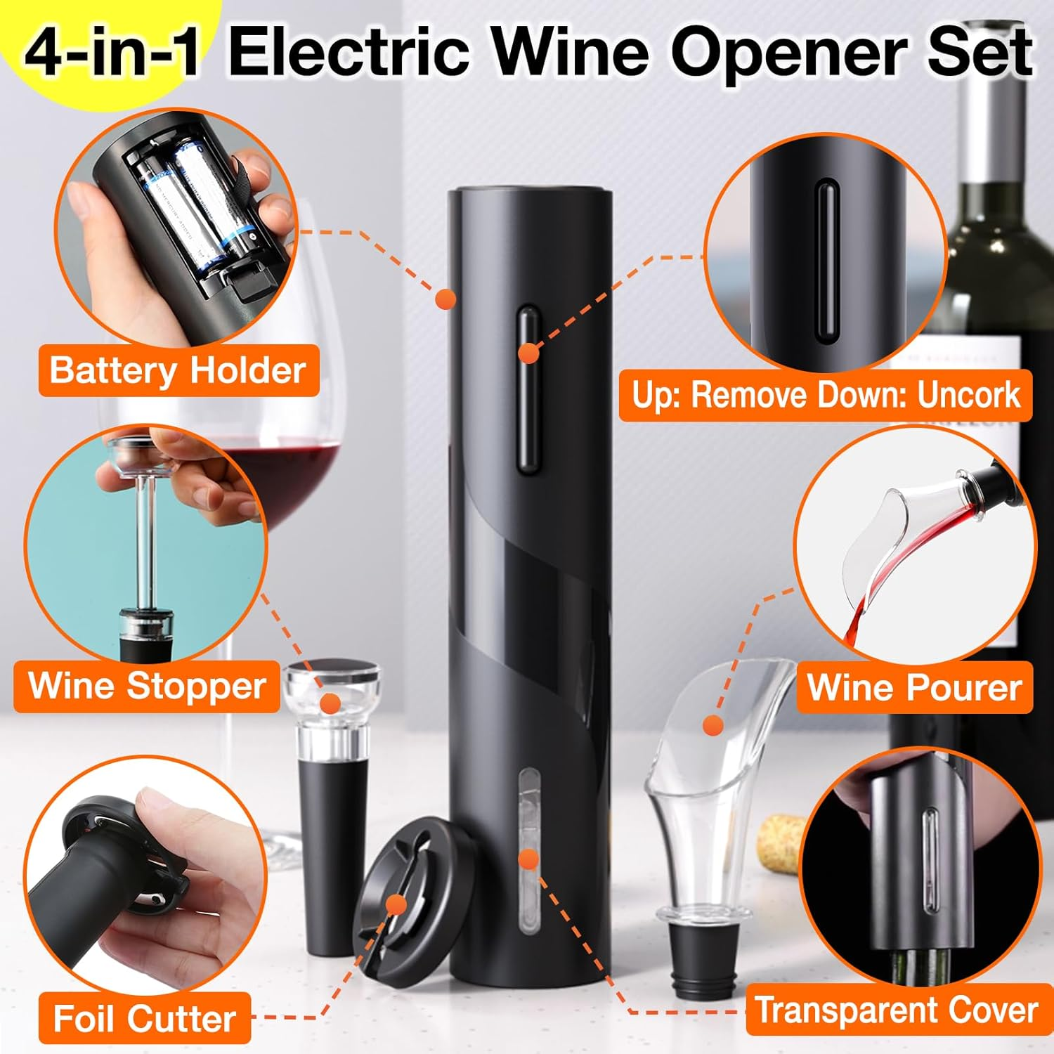 Electric Wine Opener 4-In-1 Set, Vacuum Wine Stopper, Pourer, Foil Cutter, Corkscrew, Battery Operated, Wine Aerator, Easy Wine Cork Removal to Storage(Sgs)