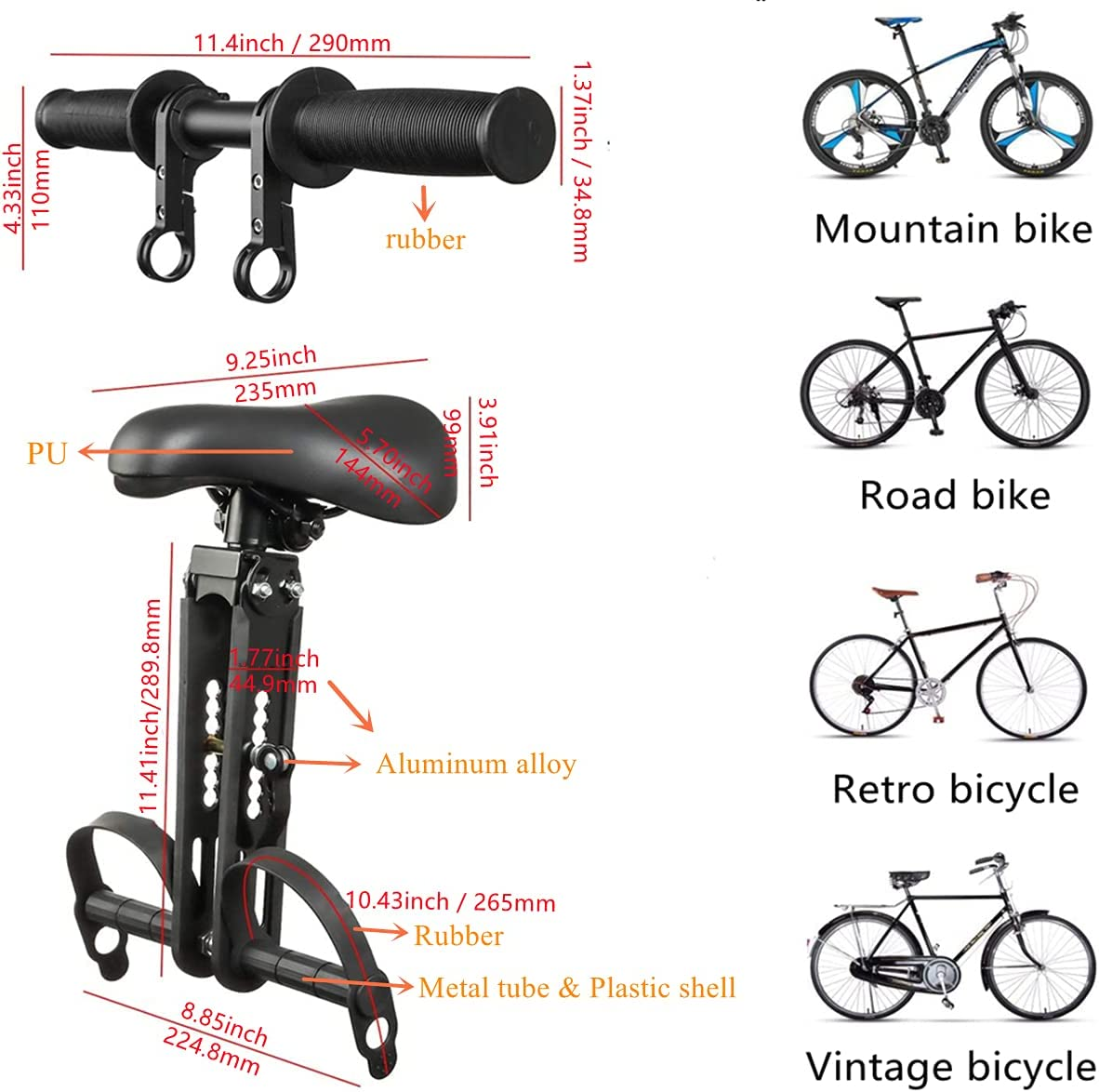 Kids Bike Seat for Mountain Bikes, Bike Child Seat and Handlebar Accessory Combo Pack Baby Bike Seat Front Mounted, Detachable Bicycle Seat Bike Seat for Kids 2-5 Years