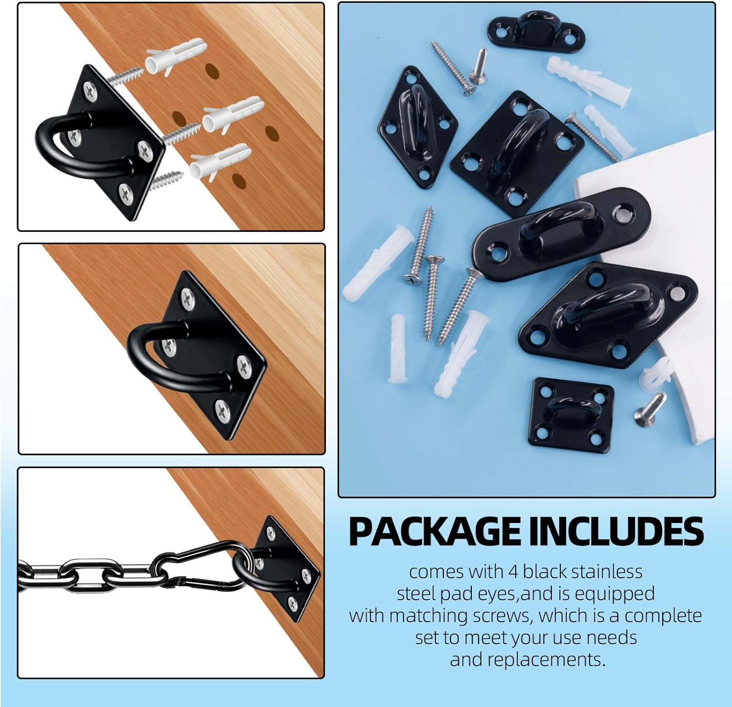 Glarks 36Pcs M5 Stainless Steel Pad Eye Plate Hook Kit, Diamond Eye Plate U Hooks Heavy Duty Ceiling Hooks and Carabiner Clips Snap Hook for Ceiling and Mounting Hanging Hardware image number 1