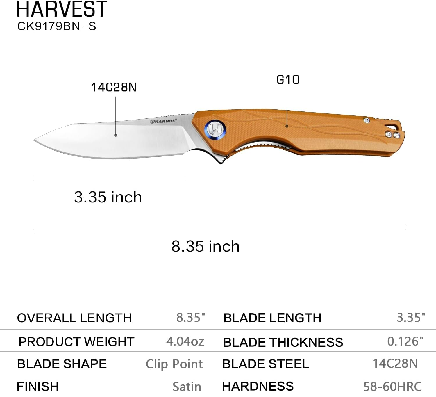 HARNDS Harvest Pocket Knife with Sandvik 14C28N Steel Folding Knife with G10 Handle for Camping Hunting Surviral (Brown) image number 4