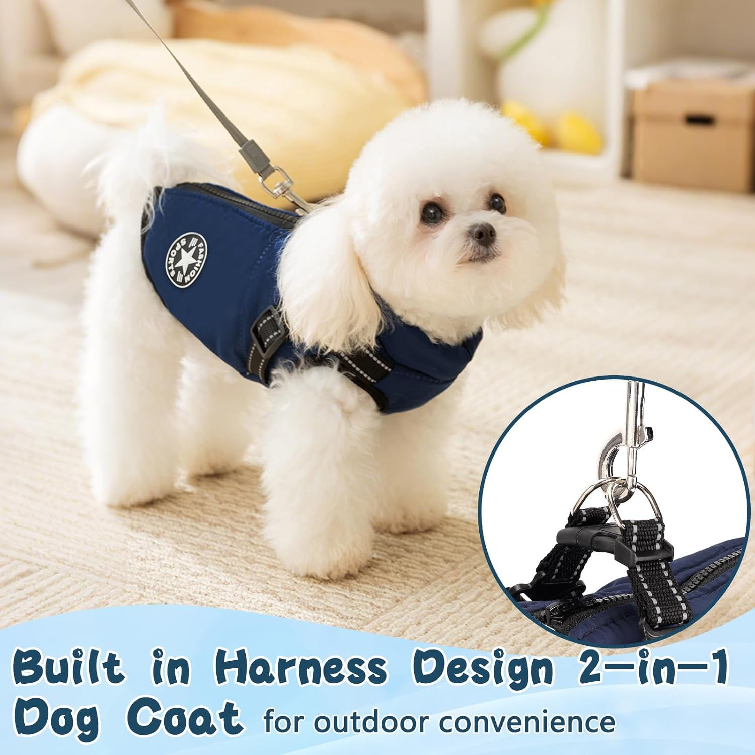 Reflective Padded Dog Jacket with Built-In Harness, Water-Resistant Winter Dog Coat with D-Ring Leash & Fur-Safe Zipper, Warm Windproof Coats for Small Dogs and Kittens (Blue, M)