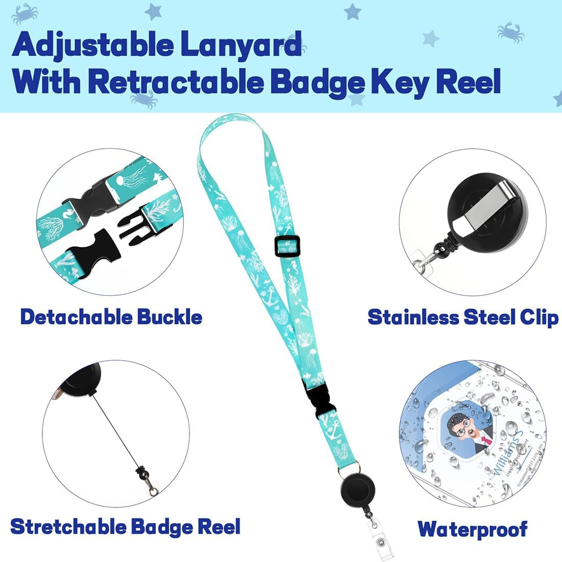 6Pack Cruise Lanyard Set - Retractable with Waterproof ID Badge Reel Holder, Adjustable Nautical Lanyard with Detachable Buckle for Ships Key Cards