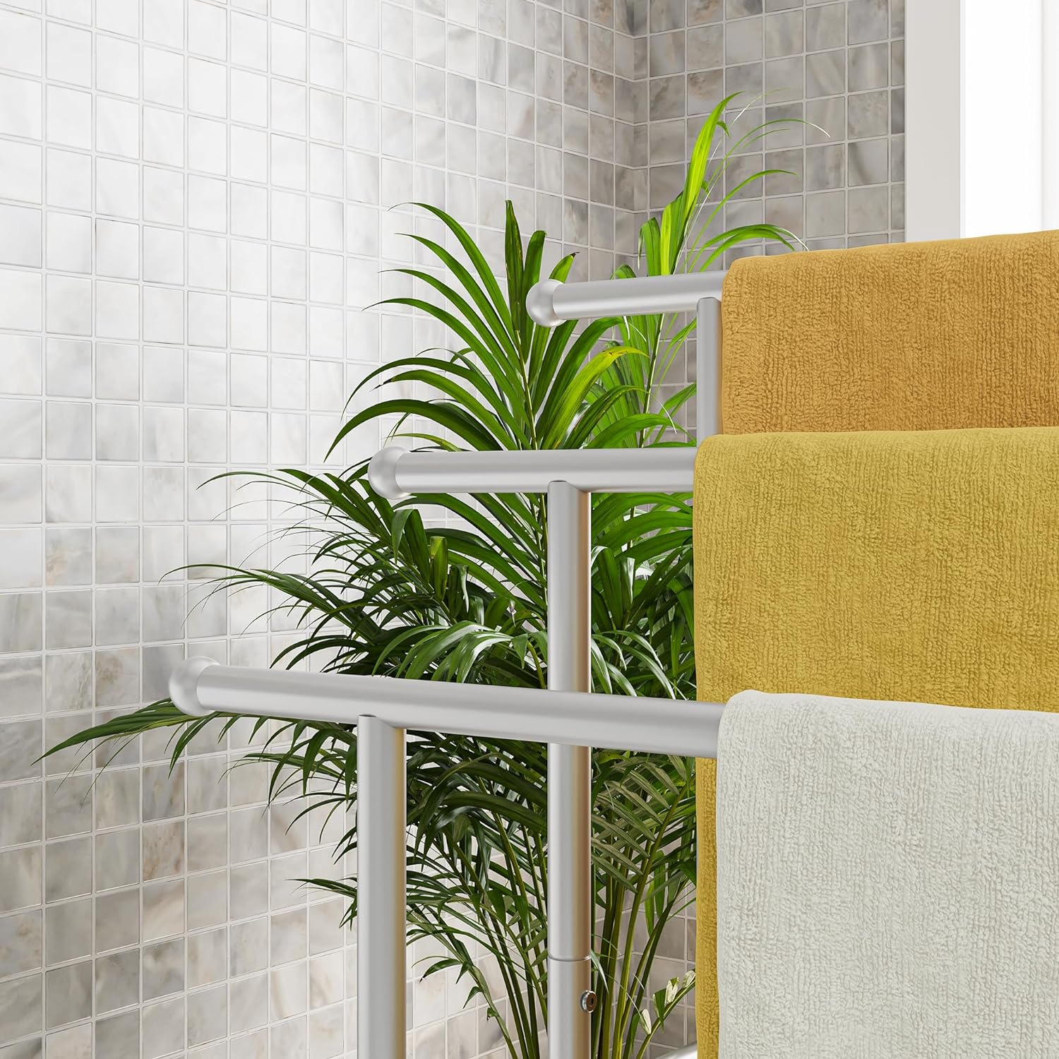 Tall Free Standing Towel Racks for Bathroom Towel Rack Stand with Storage Basket,3 Tiers Floor Bath Towel Holder,Anti-Rust Chrome Ladder Towel Bar,Silver - Black image number 2