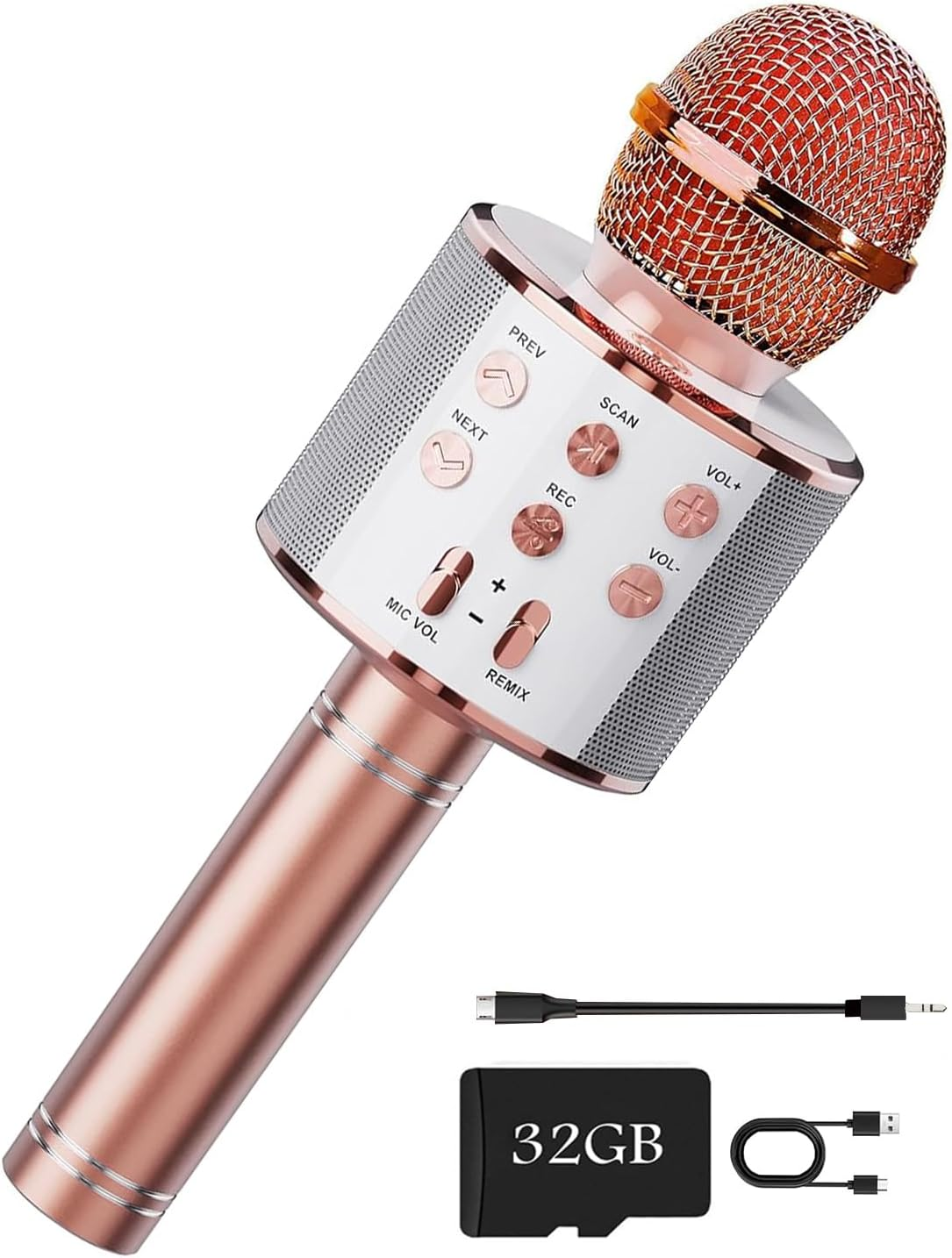 Wireless Bluetooth Karaoke Microphone for Kids, 5-In-1 Portable Handheld Karaoke Mic Speaker Player Recorder with Adjustable Remix FM Radio for Kids Girls Boys (With 32G TF Card,Black)