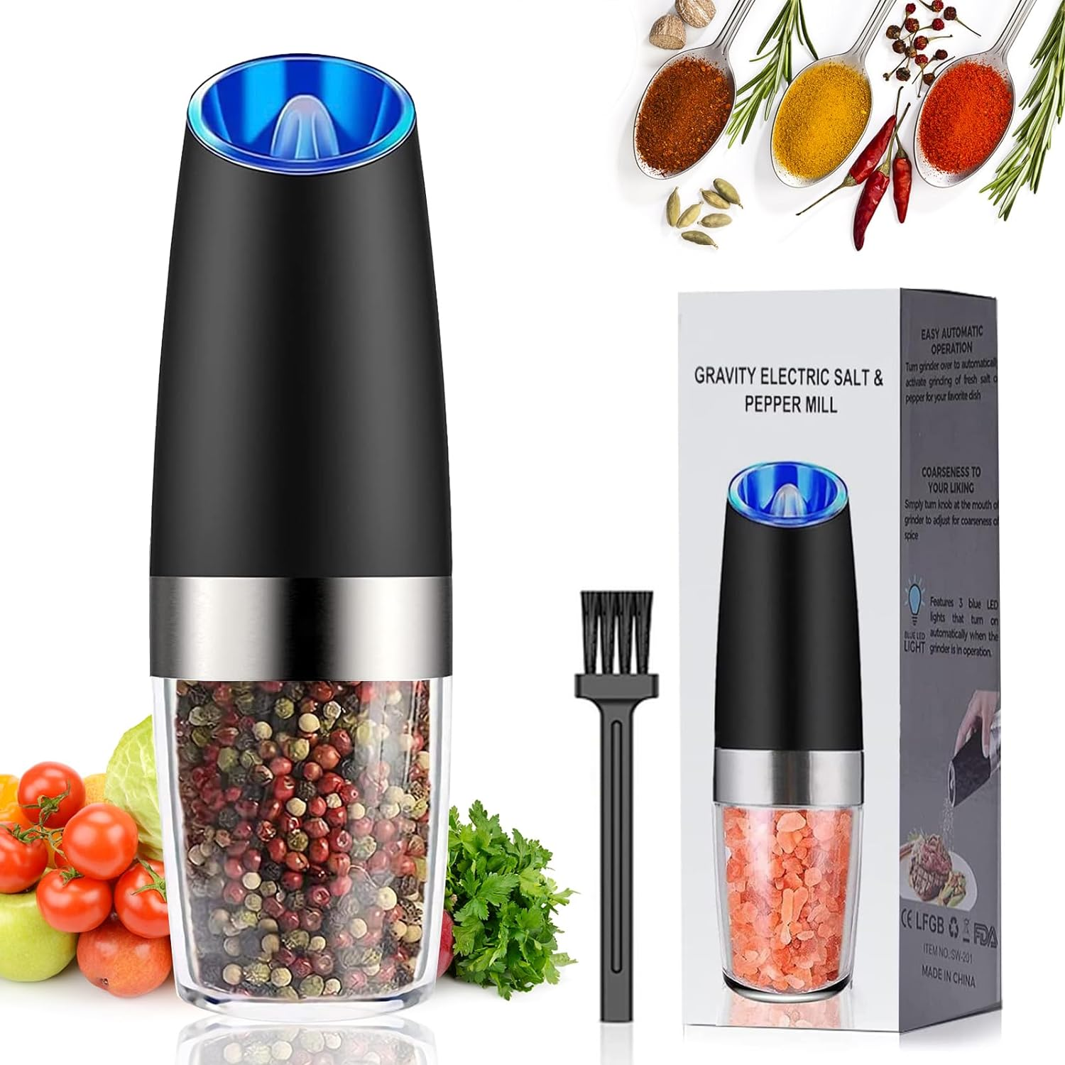 AVNICUD Electric Salt and Pepper Grinder, Automatic Pepper Mill, Gravity Salt Grinder, Battery-Operated with Adjustable Coarseness, LED Light, One Hand Operated (Silver 2Pack)