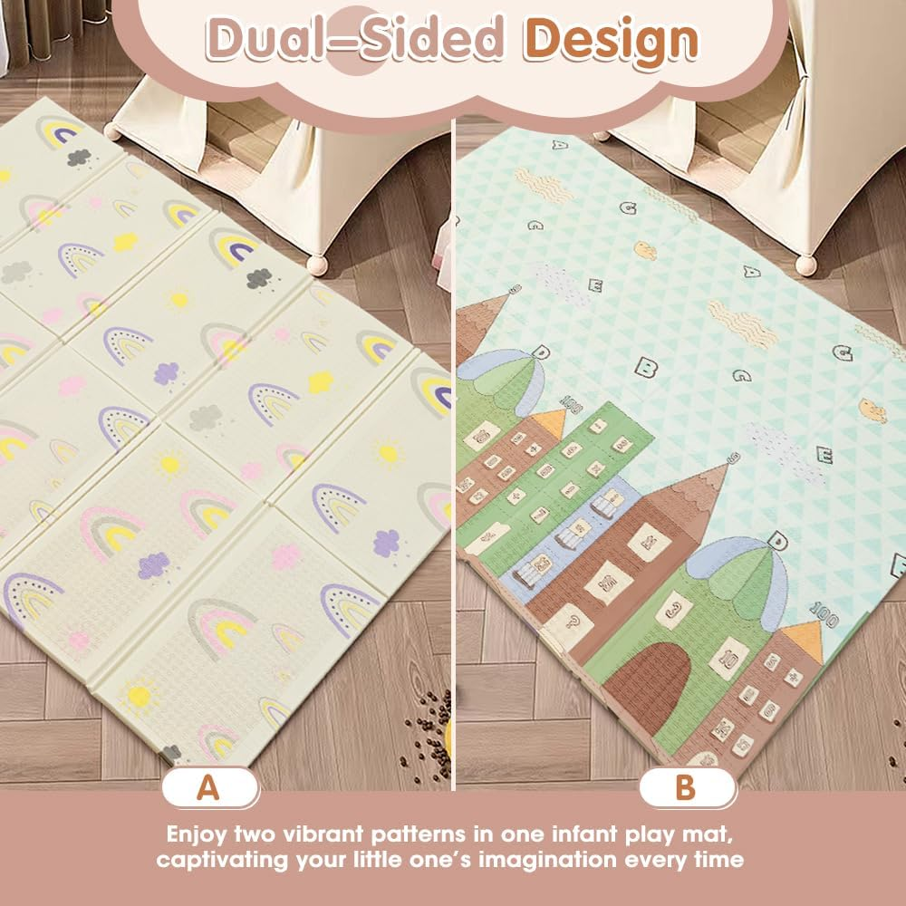 Playpals 200&times;180CM Foldable Baby Play Mat, Double-Sided Waterproof Playmat for Babies, Toddlers & Infants, Reversible Baby Mat with Travel Bag, Indoor and Outdoor Use, Rainbow+Tall Buildings image number 3