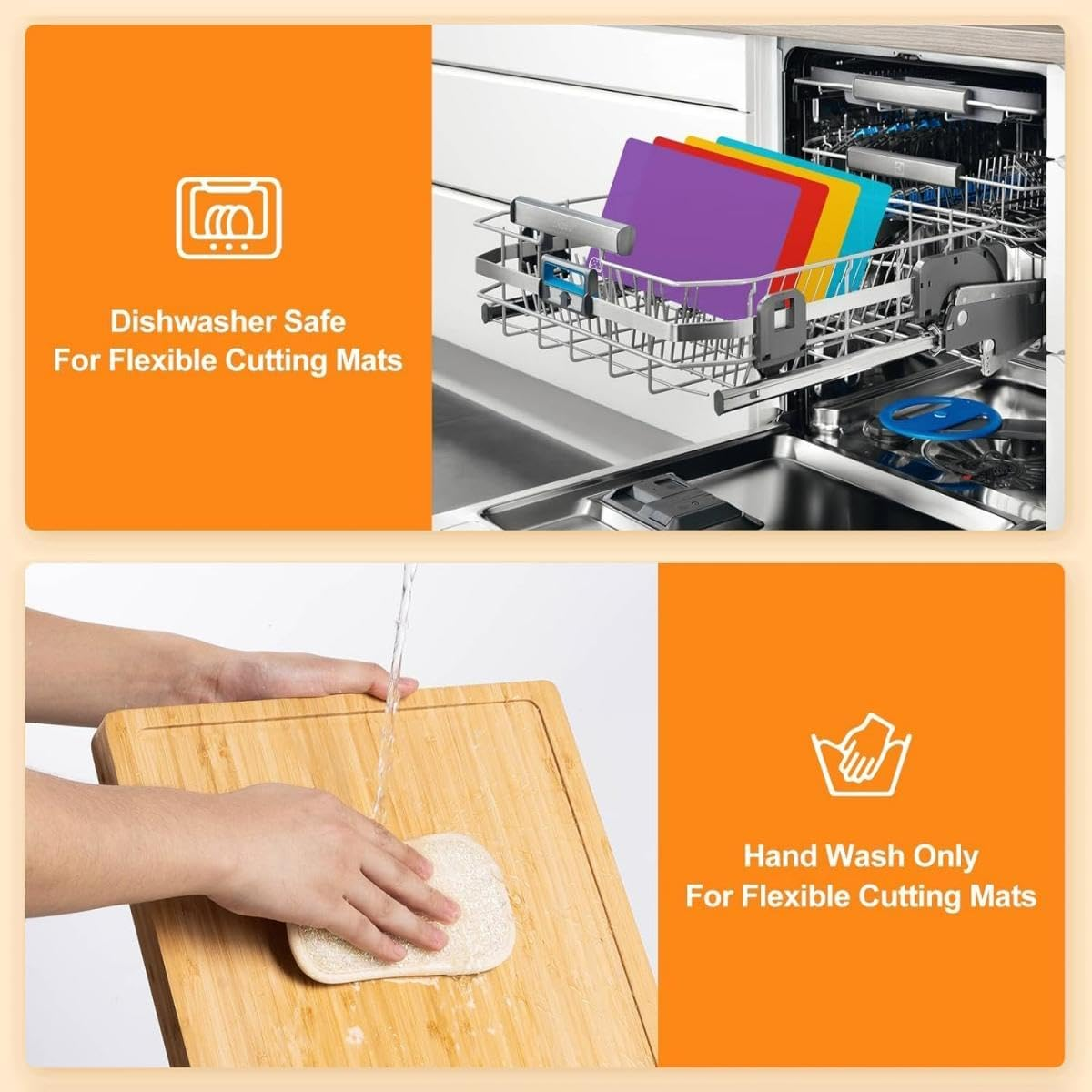 Large Bamboo Chopping Board with 6 Color-Mats, Flexible Colour Coded Cutting Boards Mats Set with Food Icons & Easy-Grip Handles, for Bread, Vegetables, Fruits, Meats, Fish image number 1