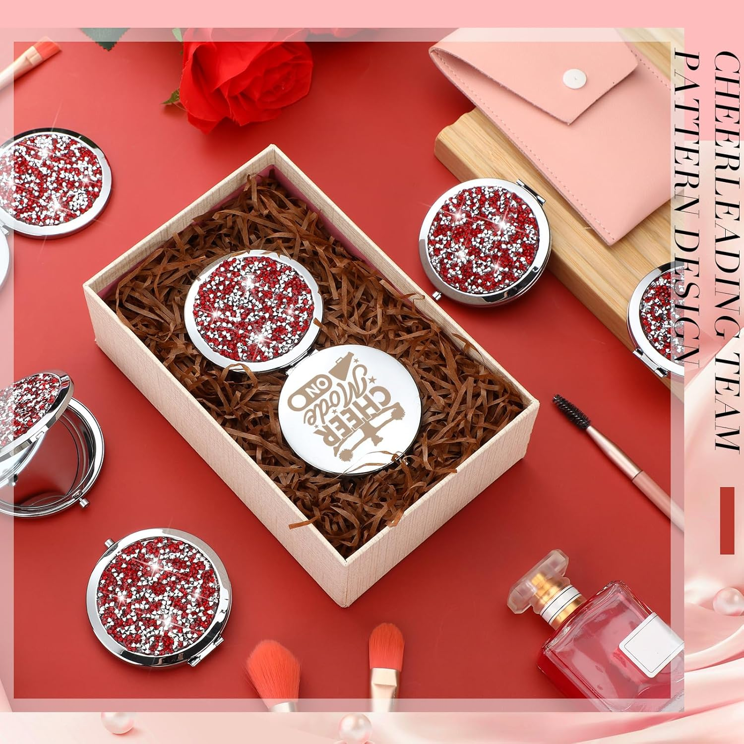 Sintuff 12 Pcs Cheer Gifts for Cheerleaders Cheerleading Compact Mirror Bulk Cheer for Coach Cheerleader Gifts Folding Pocket Cosmetic Purse Mirror for Cheer Team Mirror Accessories (Red, Silver) image number 4