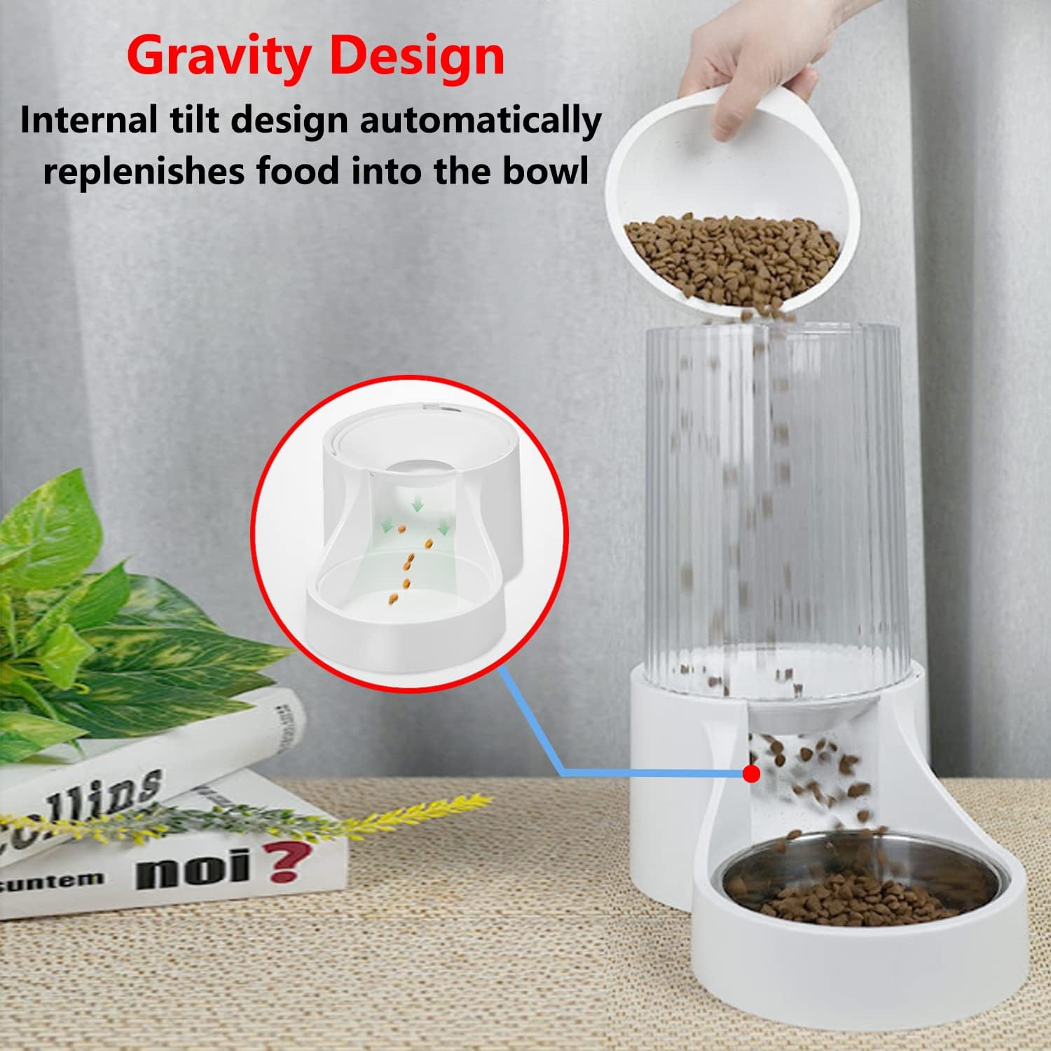 Automatic Cat Feeder, 3.8L Large Gravity Cat Food Dispenser with Detachable Top Lid, Visible Bottle and Stainless Steel Bowl for Pets (White) image number 4