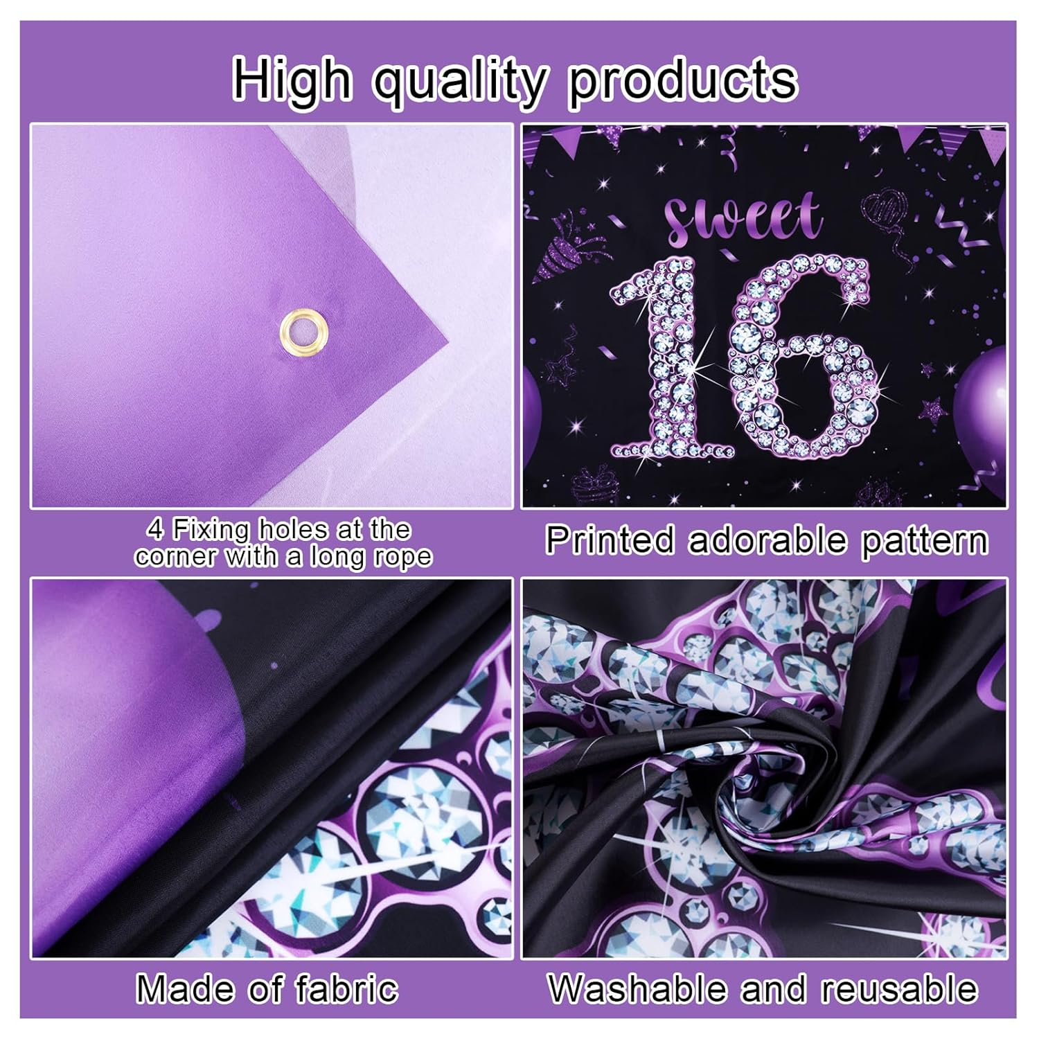 Roetyce Sweet 16 Party Decorations, Black Purple Sweet 16 Banner, 16Th Birthday Decorations for Girls, Sweet 16 Birthday Gifts, Happy 16Th Birthday Backdrop Decor, 16 Years Old Bday Party Supplies