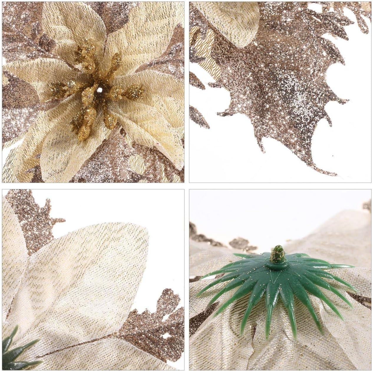 Kisangel 12Pcs Christmas Tree Picks, Artificial Poinsettia Glitter Flowers with Stems and Clips, Xmas Tree Flowers for Wedding Party Ornaments, Gold - Champagne Gold image number 4