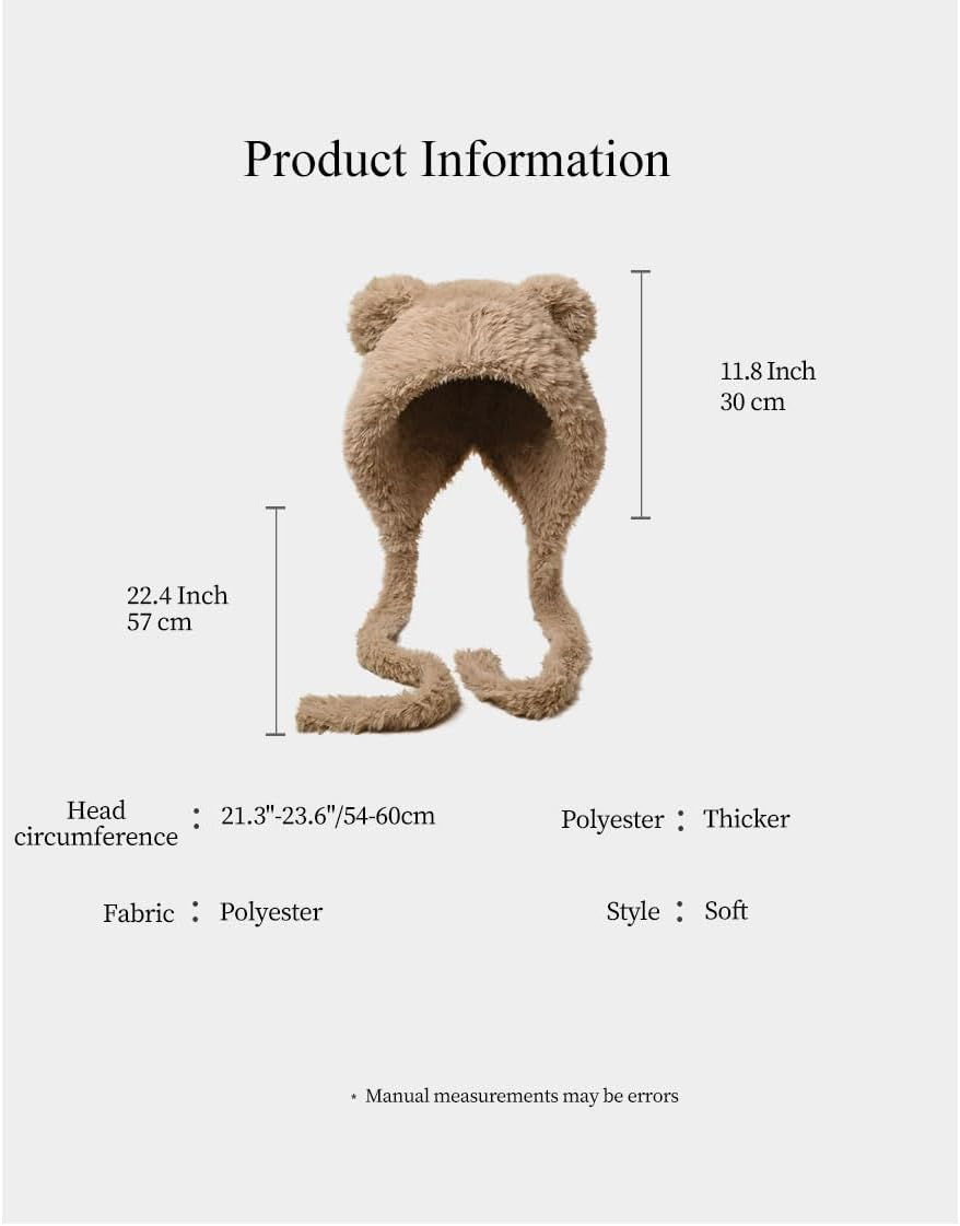 Women Winter Beanie Hats Knit Ear Flaps Cute Stuffed Bear Ears Fleece Lined Fluffy Ski Snow Hat - Khaki image number 3