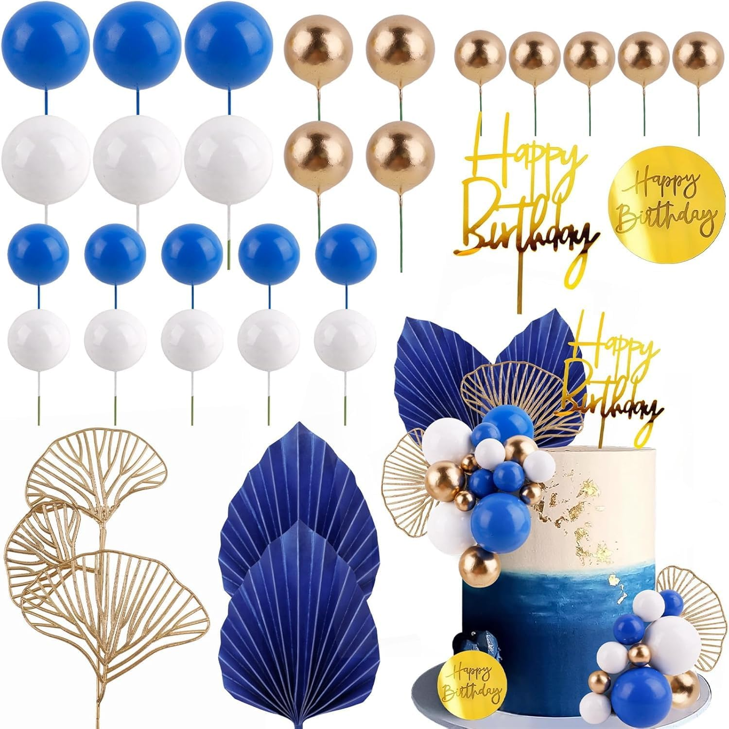 Blue White Gold Ball Cake Toppers Balls Cupcake Toppers Foam Ball Shaped Cake Picks DIY Balloon Cake Insert Topper Balls Birthday Cake Decorations for Birthday Boho Wedding Party image number 6