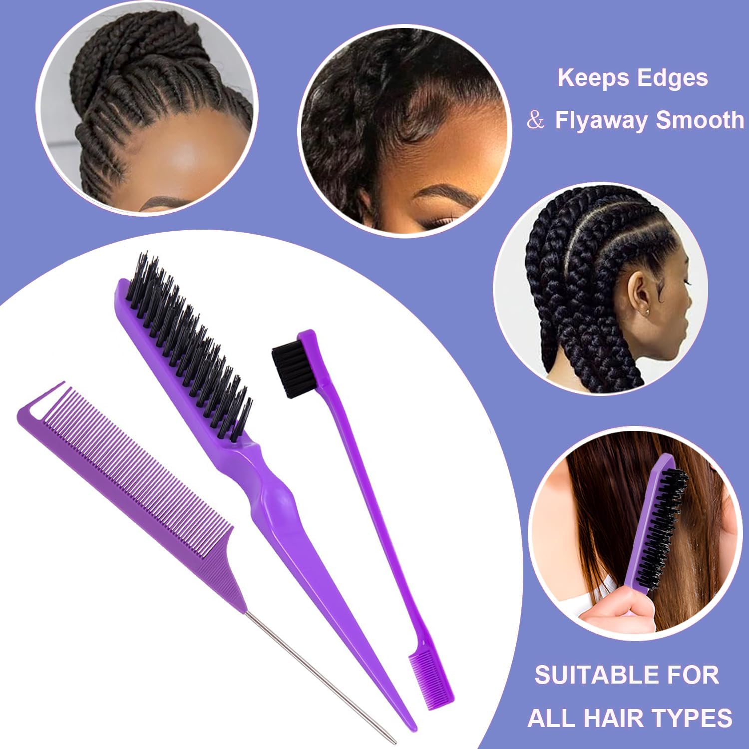 Hair Styling Comb Set 3PCS, Teasing Hair Brush, Rat Tail Comb Edge Brush, Hair Tail Tools for Women Girls Kids Braiding Backcombing Styling (Purple) - Purple image number 3