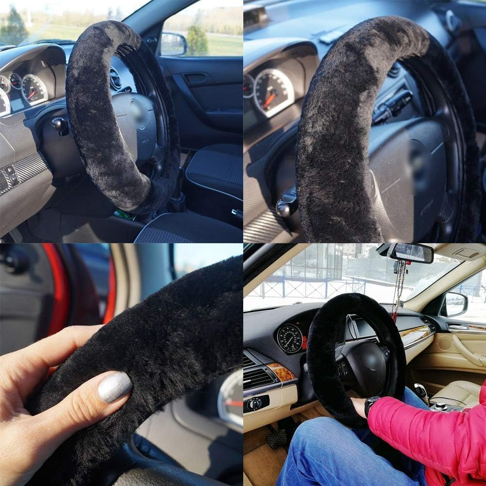 Soft Fluffy Car Steering Wheel Cover for Universal Auto Vehicle Women Man 14 1/2 Inch-15 1/2Inch Accessories Whole Black image number 3