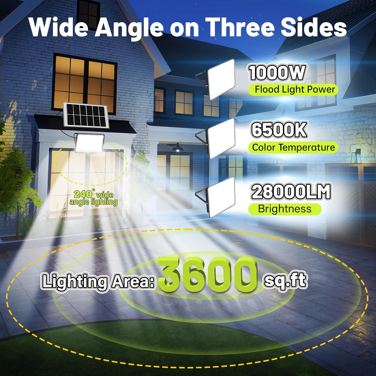 1000W Outdoor Solar Light 28000LM Solar Flood Lights Outdoor, IP66 Waterproof LED Lights, 6500K Daylight White Floodlight for Yard, Stadium, Playground, Patio Barn, Garden, Garage image number 4