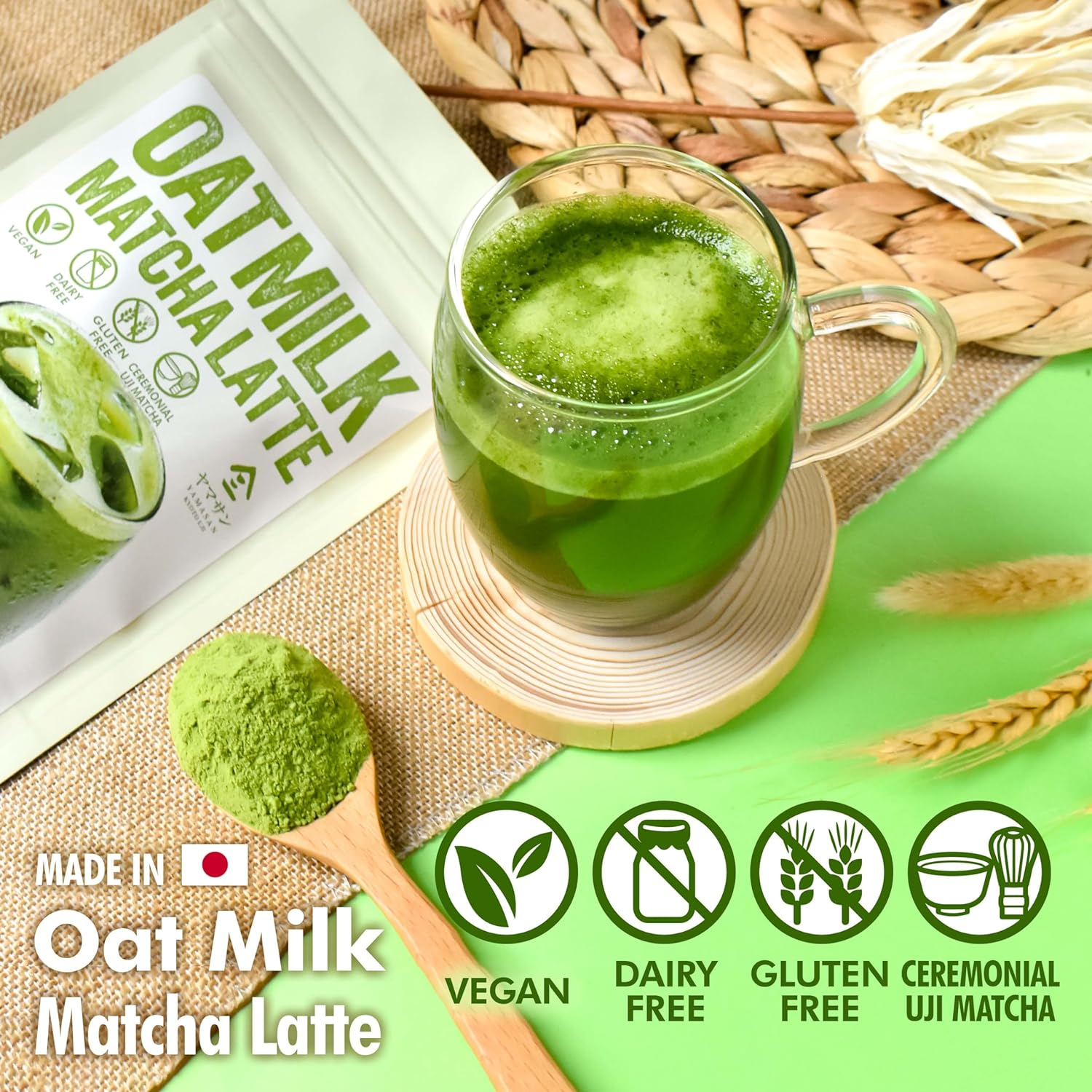 YAMASAN KYOTO UJI Japanese Oat Milk Matcha Latte, Uji Matcha Ceremonial Grade with Oat Milk Instant Latte Mix, Dairy-Free, 100% Plant Based, Vegan, Gluten-Free, No Refined Sugar, Made in Japan 3.5Oz(100G) image number 1