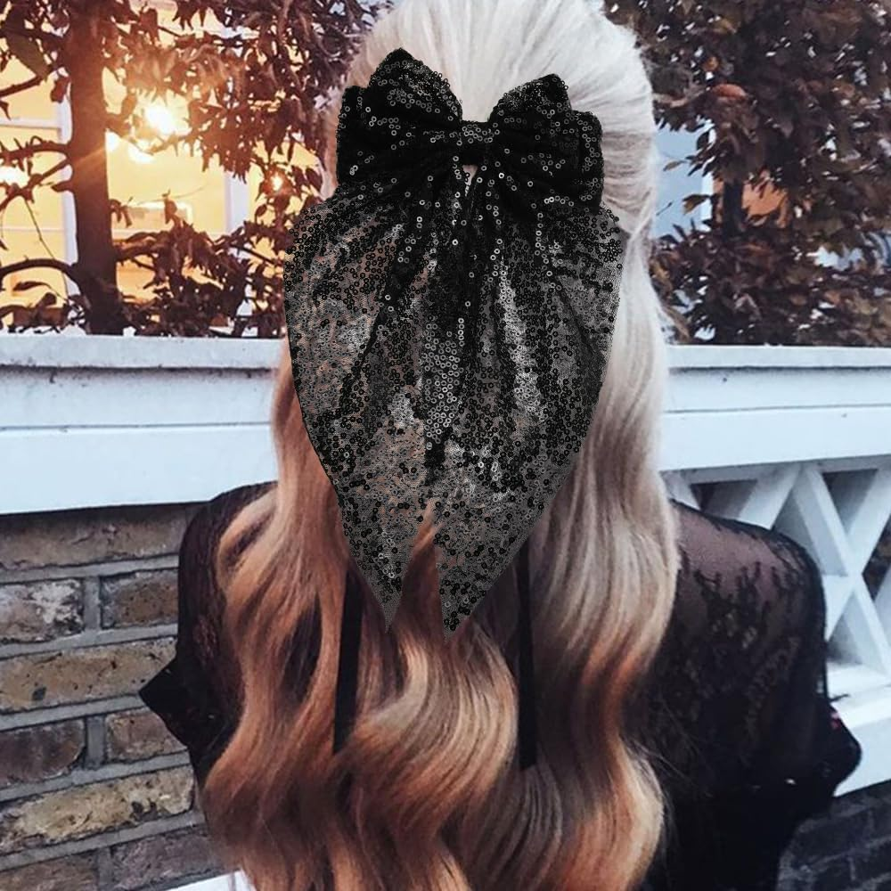 Big Sequin Black Hair Bow Clips Glitter Bows for Hair Ribbon Bow-Knot Hair Clips Barrettes Headwear Disco Festival Party Hair Accessories for Women image number 3