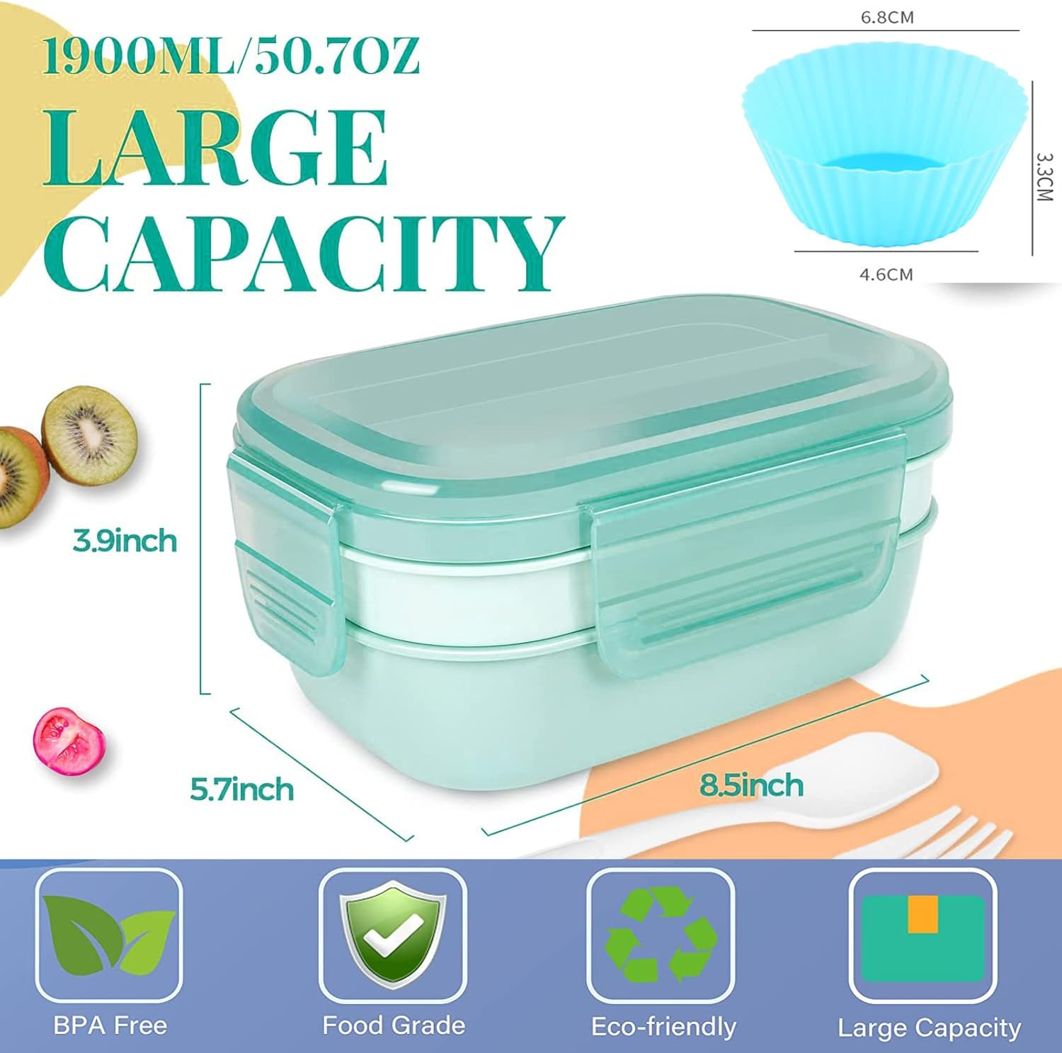Stackable Bento Box Adult Lunch Box,3Layers Lunch Containers with Compartments for Kids,Large Capacity 1900Ml Bento Box with Utensil Set and Silicone Cake Cups, Bento Lunch Box Is Microwave Safe image number 1