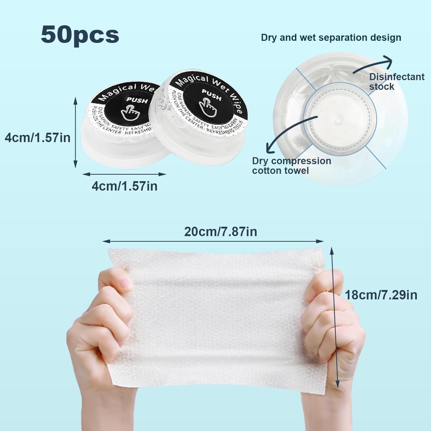 Hand Wipes Travel Size Portable Hand Pop Hand Wipes Non-Stimulating Personal Cleansing Wipe with Built-In Liquid Magical Wet Wipes for Baby Adults 50Pcs image number 1