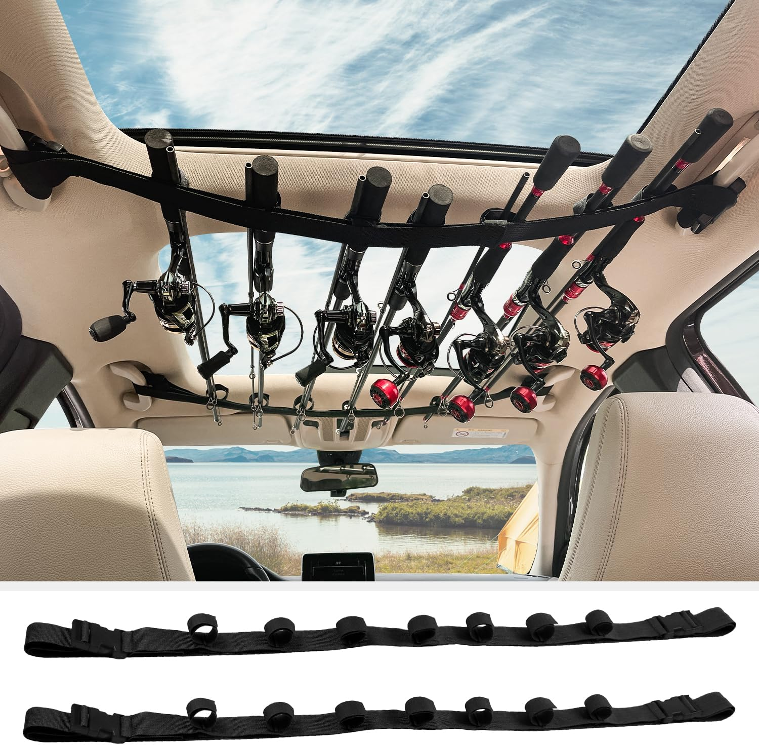PSKOOK Vehicle Fishing Rod Holder, Car Fishing Pole Roof Rack Inside, 7 Rod Capacity, Heavy-Duty Nylon, No-Tool Installation, Black
