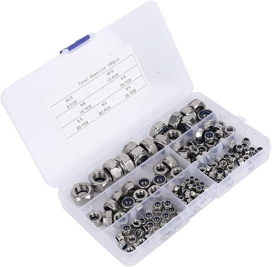 M3 M4 M5 M6 M8 M10 M12 Self-Locking Nuts Set,304 Stainless Steel Hex Nuts Fasteners Kit,With Storage Case (180Pcs) image number 2