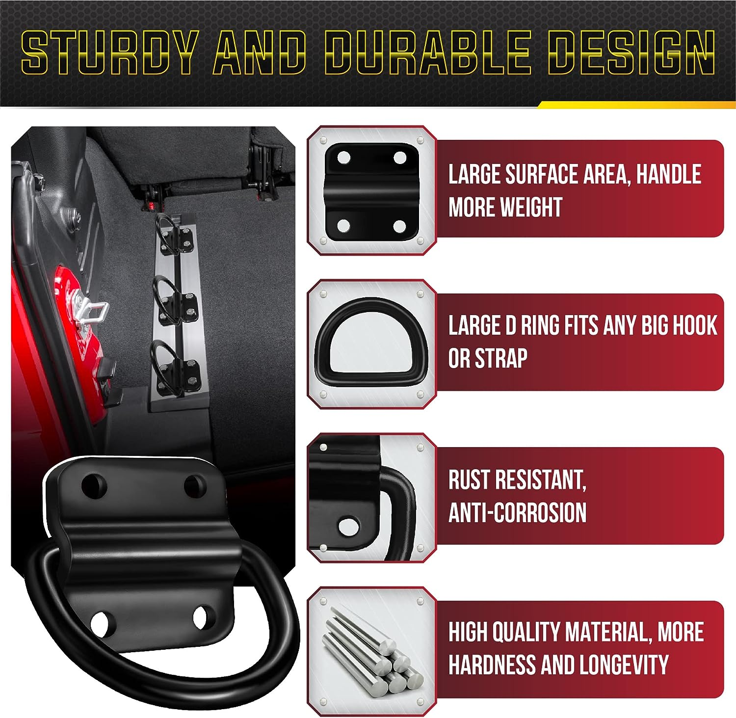 6PCS Heavy Duty Steel D Rings Tie down Anchors, Ultra Durable 3500 Pound Breaking Strength Surface Mount Hooks Securing Cargo for Trailer, Truck Bed, with Screws & Bolts image number 1