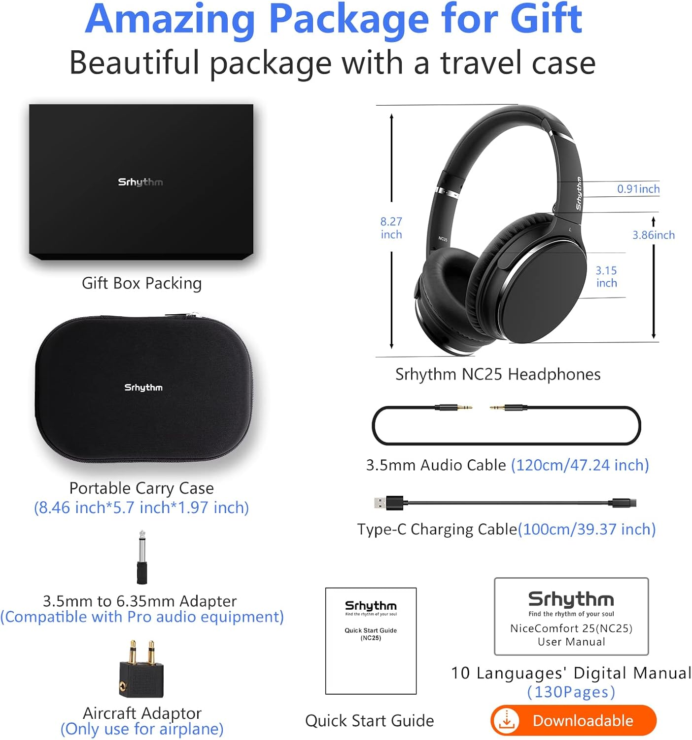 Srhythm NC25 Hybrid Noise Cancelling Headphones over Ear, Wireless Bluetooth 5.3, 50H Playtime, Transparency Mode image number 4