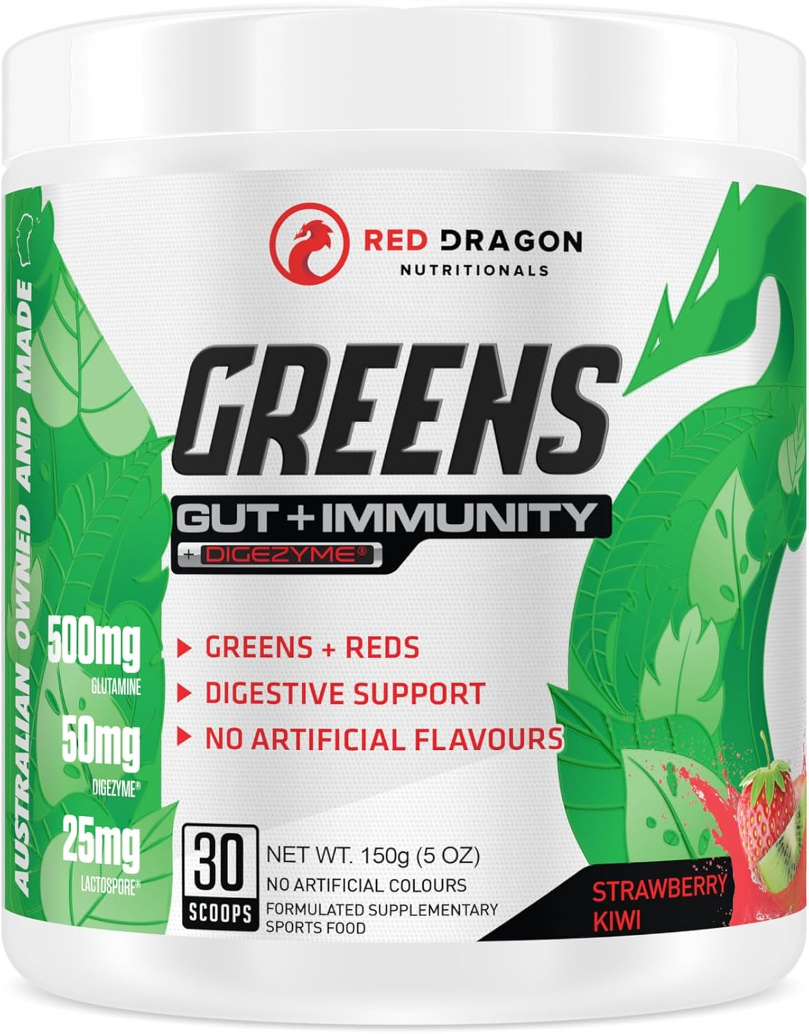 Red Dragon Nutritionals Greens Gut + Immunity Powder 300 G, White Lychee