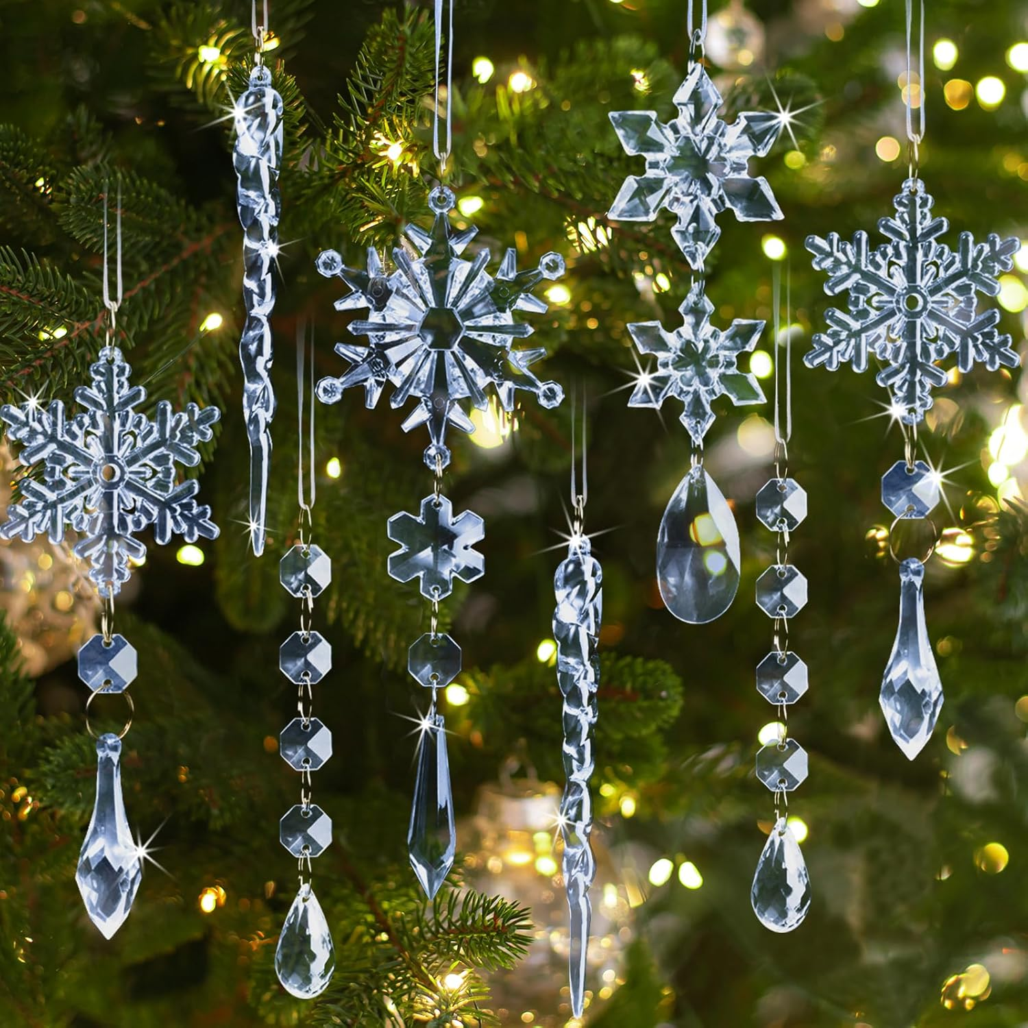 18Pcs Crystal Christmas Ornaments for Christmas Tree Decorations-Champagne Hanging Acrylic Snowflake and Icicle Ornaments with Drop Pendants for New Year Party Decorations Supplies