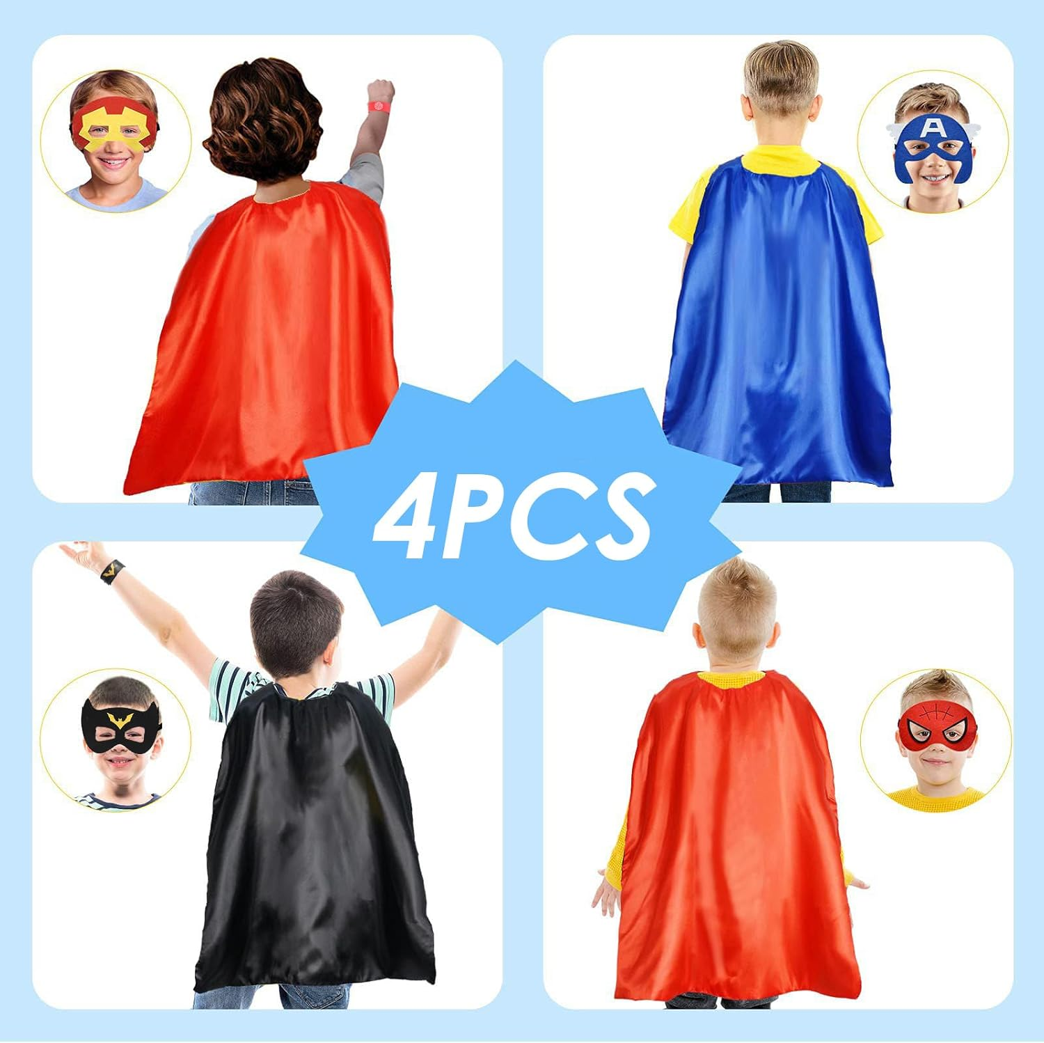 AUTOWT Kids Superhero Cape Set with Mask Storage Bag & Slap Bracelets for Boys Dress up Costumes Halloween Christmas Birthday Party（4Pcs） image number 6