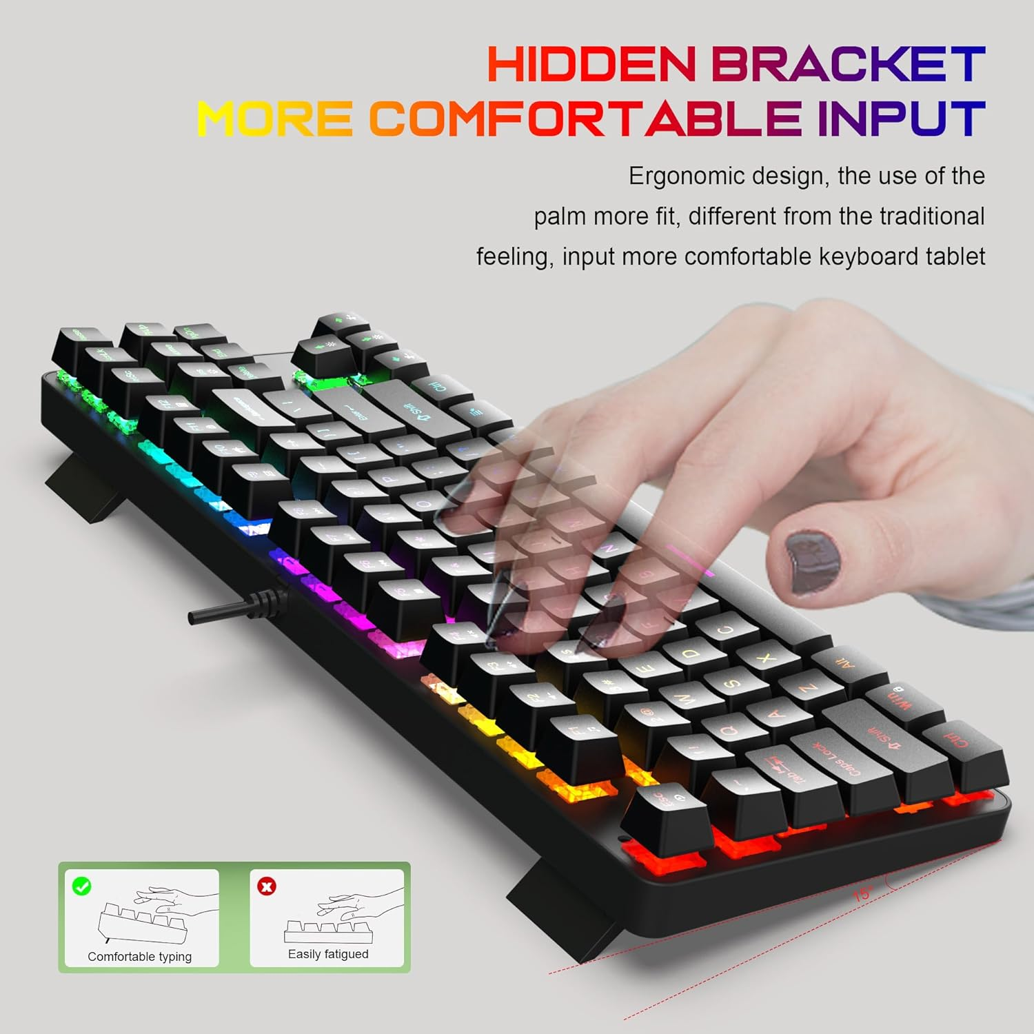 Gaming Mechanical Keyboard, Ergonomic Design, 87 Keys, RGB Backlight, 1.5M Cable,Usb-A Connector Cable, Rich Shortcut Keys