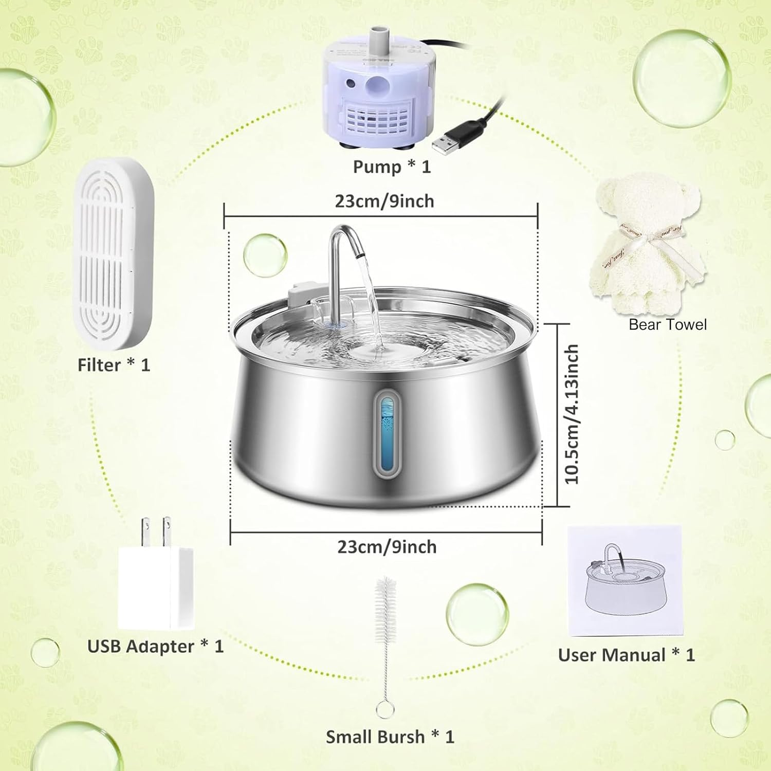 Cat Water Fountain Stainless Steel, 134Oz/4L Automatic Pet Fountain with LED Level Window, Ultra Quiet Dispenser with Filter and Sponge, Faucet for Cat, Dog image number 1