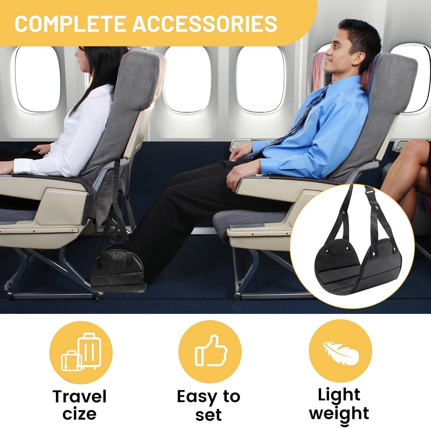 Adjustable Airplane Foot Rest for Travel - Portable Flight Footrest with Detachable Hammock, Lightweight Carry-On Foot Rest Accessories, Ergonomic Height Adjustment (Black)