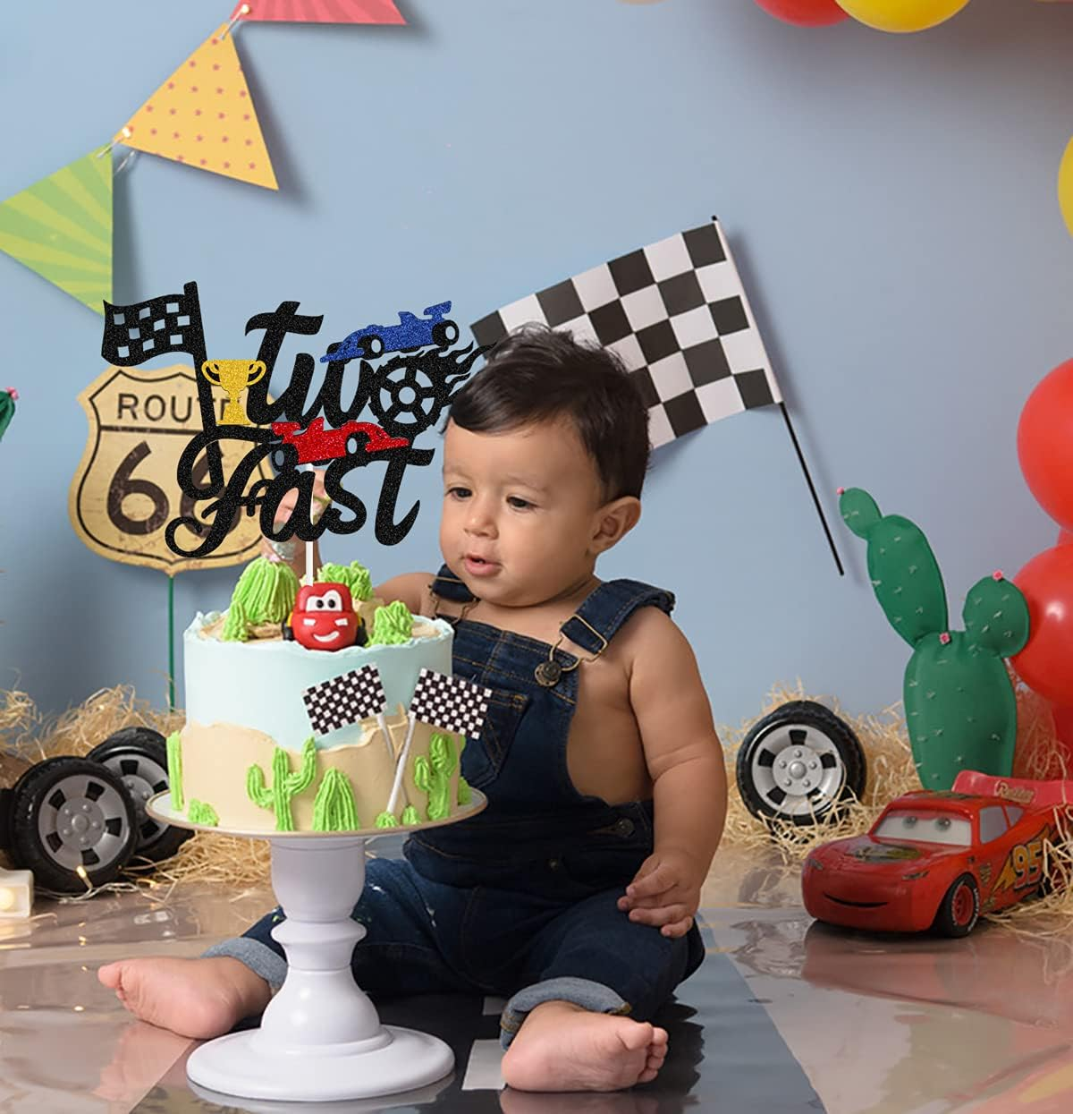 Two Fast Cake Topper, Race Car Birthday Supplies 2Nd Birthday Cake Decoration Race Car Hot Wheel Chequered Flag Themed Party Supplies Decorations(Doubled-Sided), Black image number 5