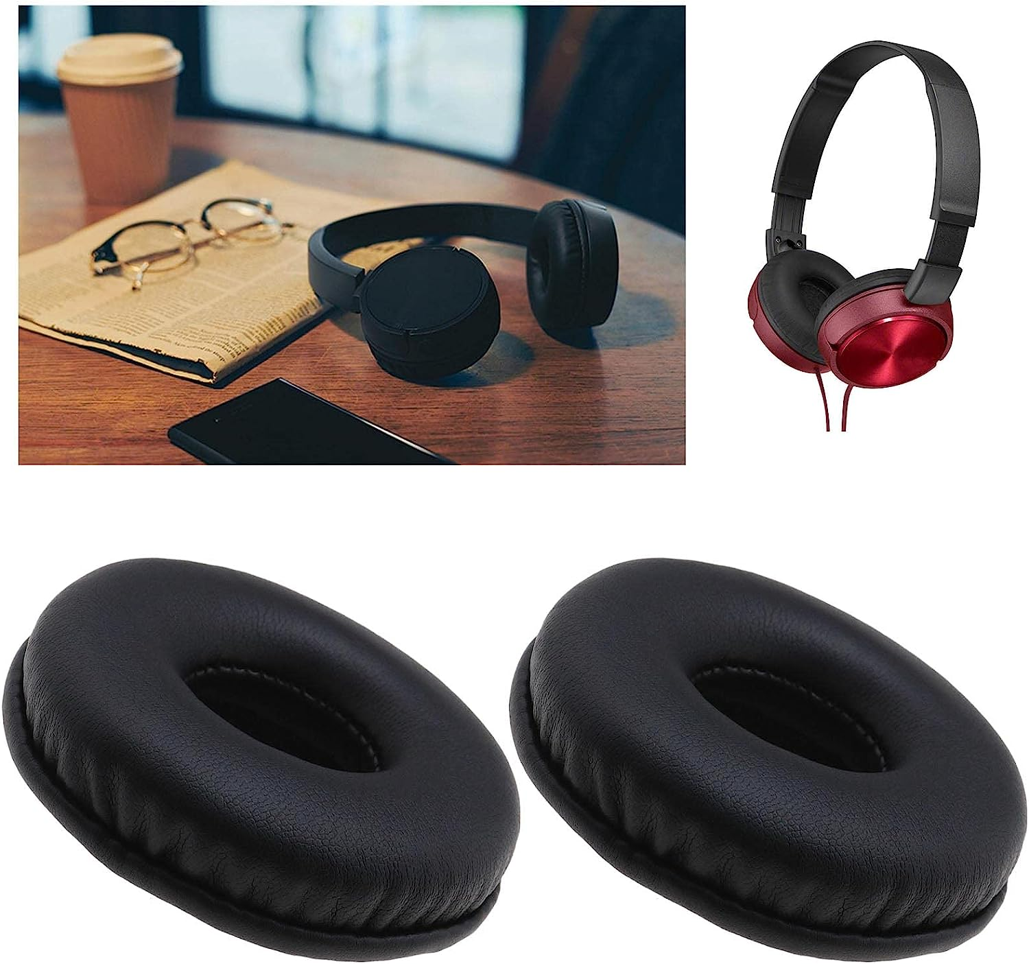 Pair of Headset Replacement Earpads Protein Leather Foam Ear Cushions Earphone Accessories Compatible with Sony WH-CH500/510/ZX3308BT/310/ZX100/ 600/V15 Headphones Black image number 2