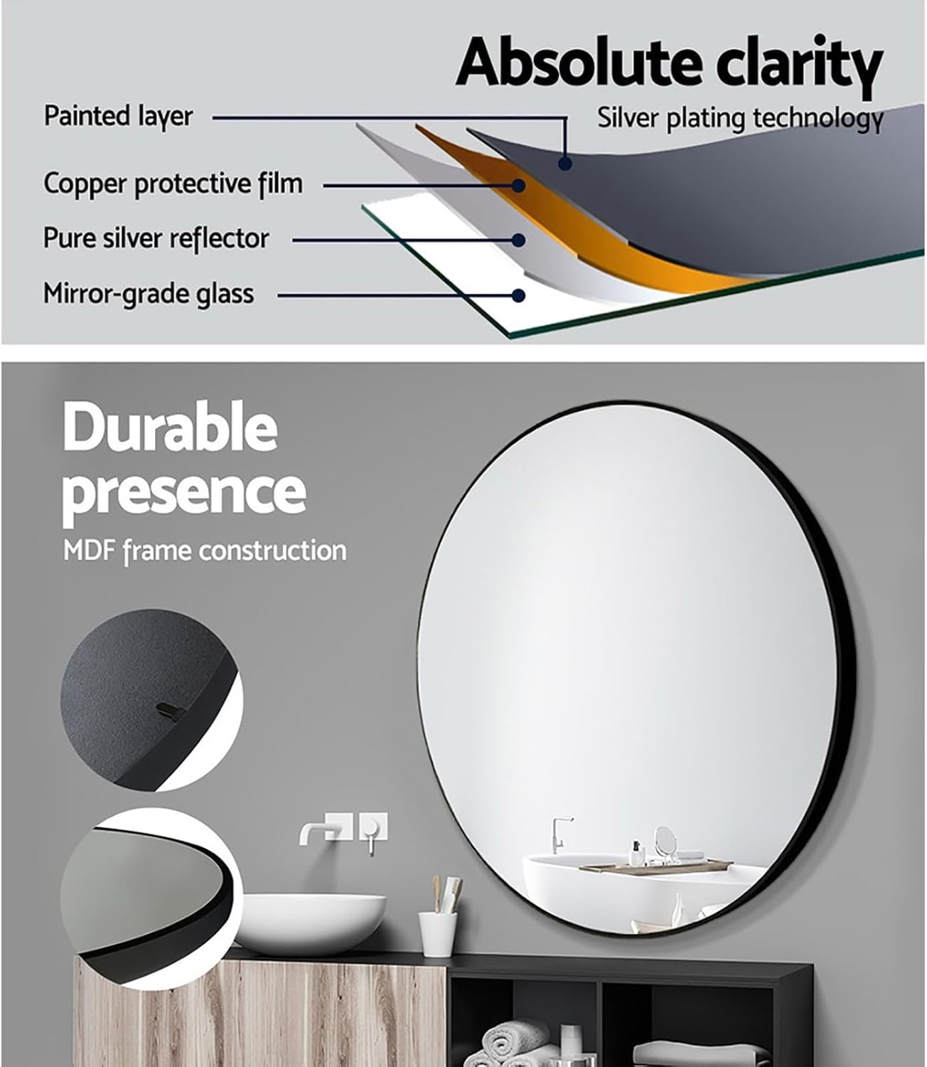 Embellir Wall Mirror, 90Cm Metal Frame Vanity Shower Bathroom Make up Mirrors Wall-Mounted Decorative Hanging Room Decor for Home Bedroom Hallway, Oval Silver Coated Modern Circle Black image number 3