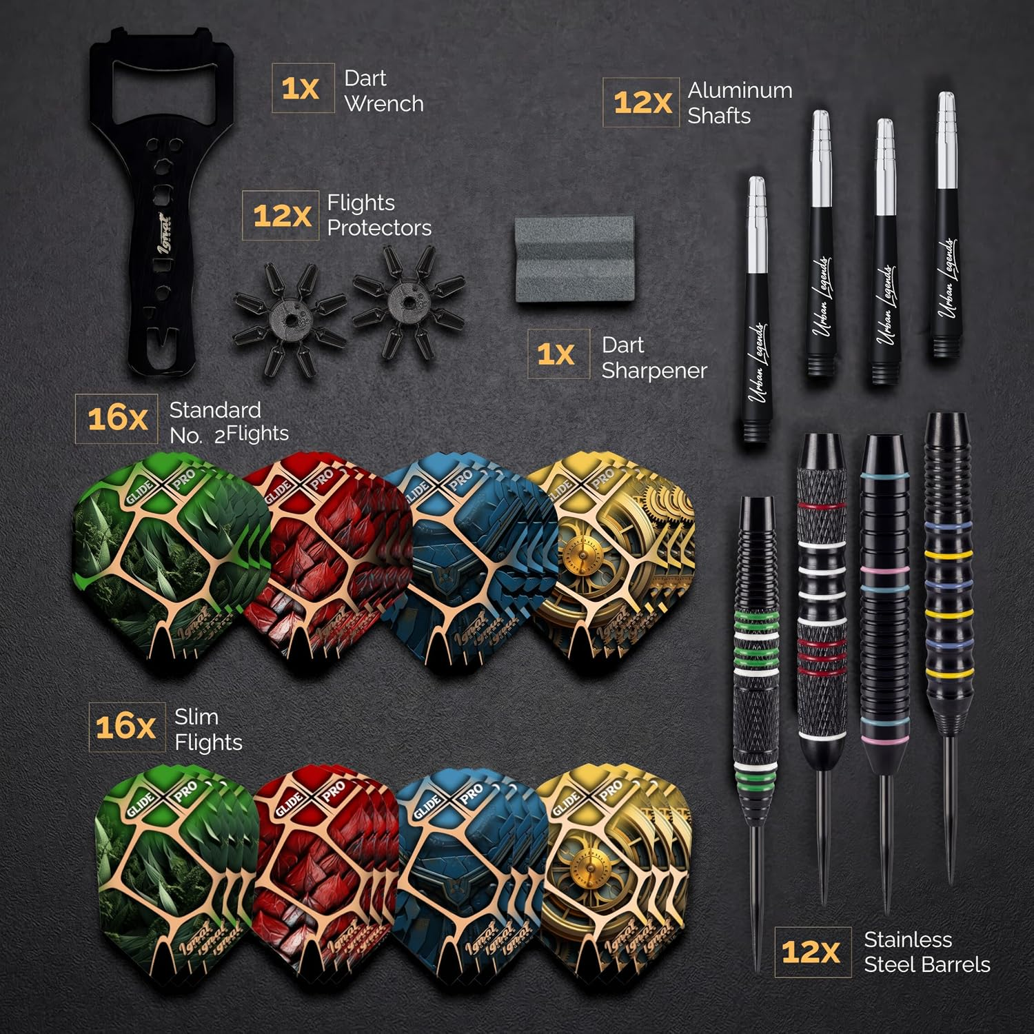 Ignatgames Premium Steel Tip Darts &ndash; 3/6/12 Pack Brass Barrels with Aluminum Shafts, 16 Glidexpro Flight Set, Tool Kit & Giftable Case image number 2