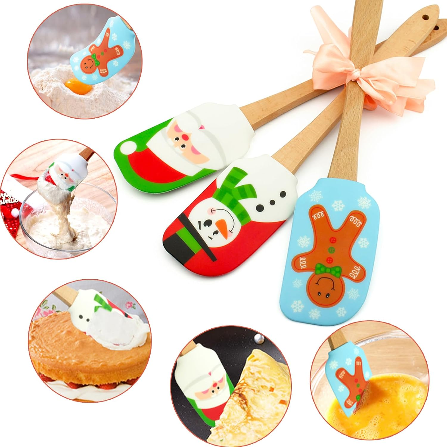 Silicone Spatula, Caliamary 3 Pieces Kitchen Mini Silicone Spatula Set, Christmas Cake Decorating Spatula with Wooden Handle, Snowman Gingerbread Man and Santa Claus Pattern (3) image number 6
