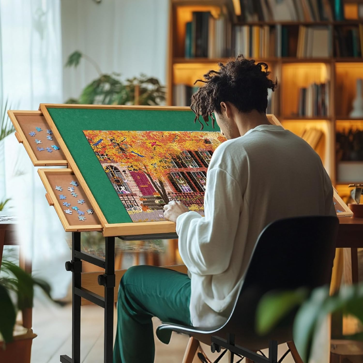 1500 Piece Jigsaw Puzzle Table, Adjustable Height & 45&deg; Tilting Jigsaw Puzzle Board with Legs, Wheels, 4 Wooden Drawers, 2 Fabric Drawers and Protective Cover, 25"X34" Adult Puzzles Tray Wooden Table image number 6