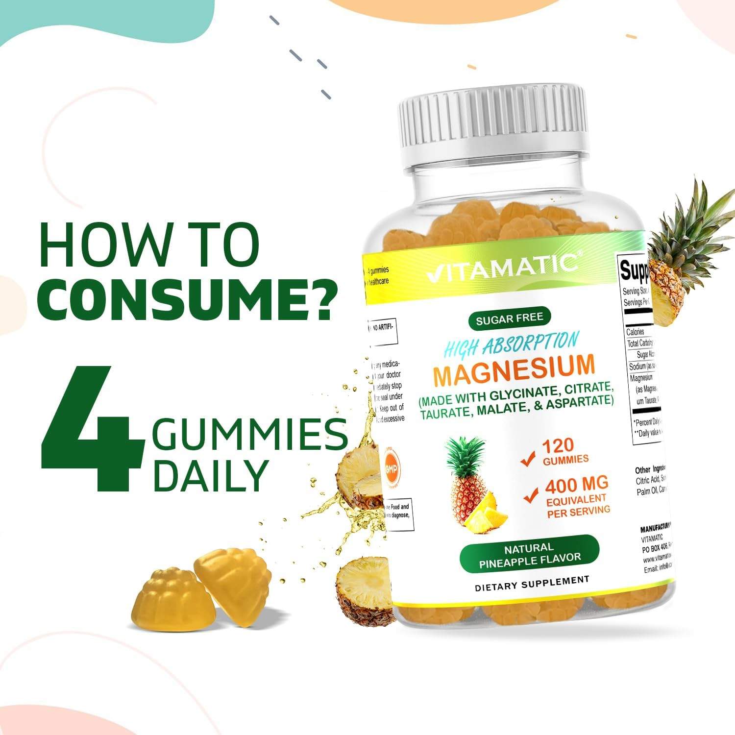 Vitamatic Sugar Free Magnesium Gummies - (MADE with GLYCINATE, CITRATE, TAURATE, MALATE, & ASPARTATE) - 400 Mg per Serving - 120 Gummies - Promotes Healthy Relaxation, Muscle, Bone, & Energy Support image number 2