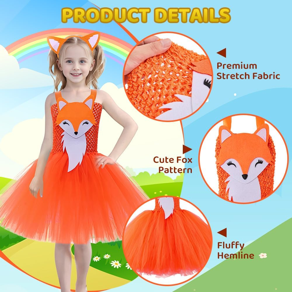 AUTOWT Jungle Themed Cosplay Costumes for Girls, Animal Tutu Skirt with Headband, Fox Tulle Outfit for Children'S Halloween Christmas Birthday Theme Party image number 6