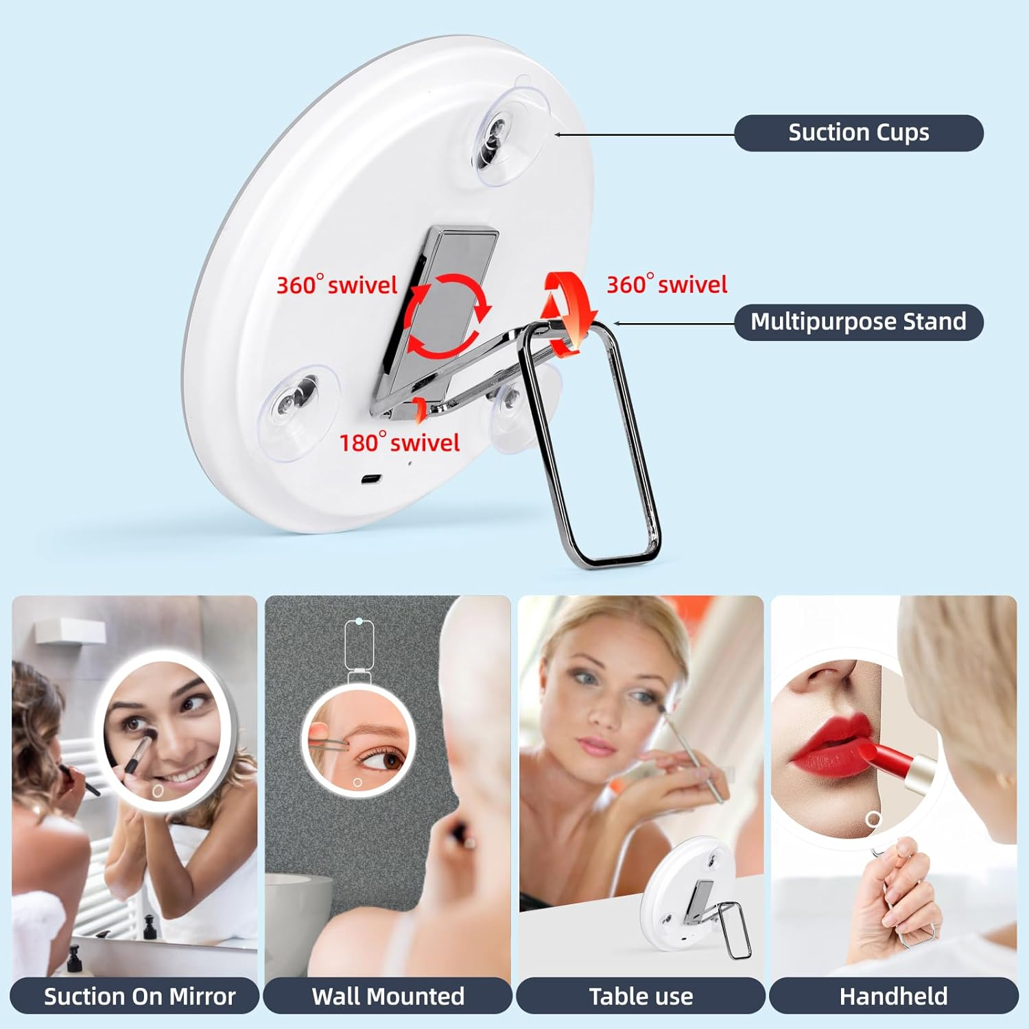20X Magnifying Mirror with Lights, 6Inch Makeup Magnified Mirror 20X Lighted Travel Magnification with 3 Suction Cups and 360&deg; Adjustable Stand- Includes Tweezers & Scissors image number 6