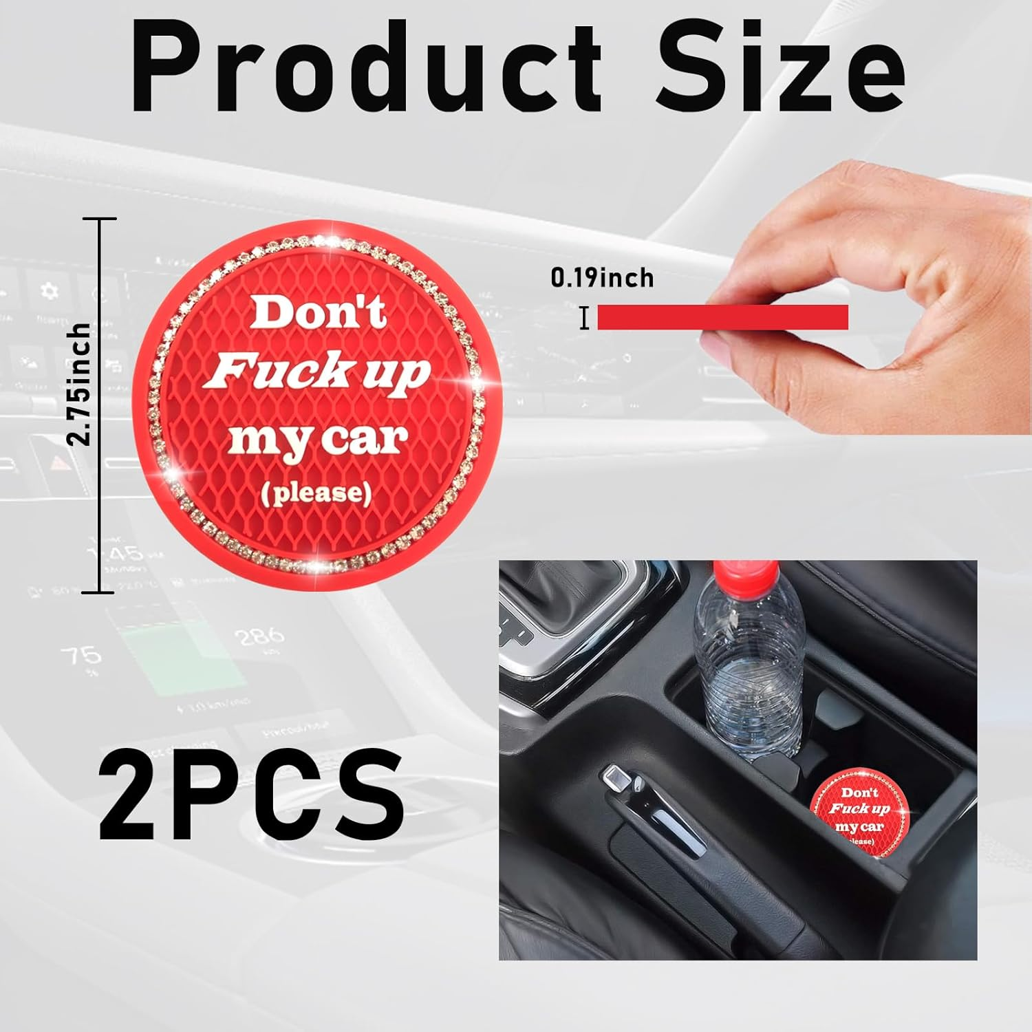 Kewucn 2 Pack Bling Car Cup Holder Coasters, 2.77 Inch Anti-Slip Soft Rubber Crystal Rhinestone Auto Cup Insert Pad, Universal Vehicle Interior Decor Accessories for Car SUV Truck (Red) image number 4