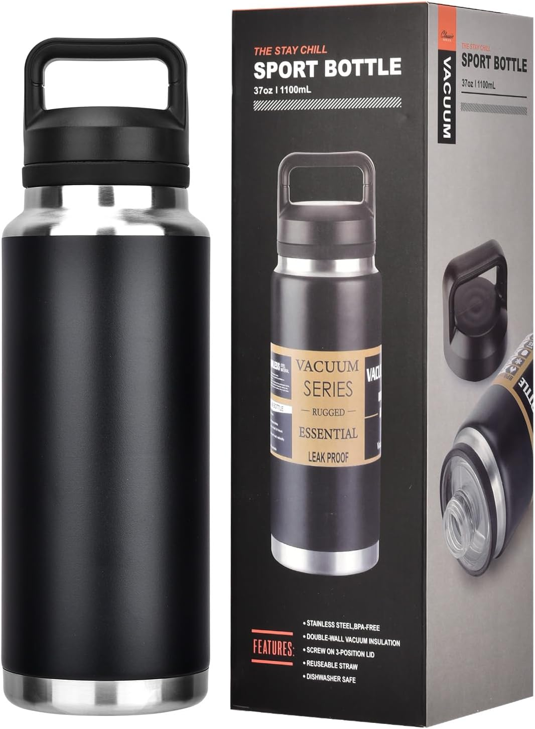 1100Ml/37Oz Bottle and Vacuum Insulated Stainless Steel Metal Water Bottle with Chug Cap,Reusable Leak Proof Bpa-Free Flask for Sports (Black, 1100Ml) image number 5