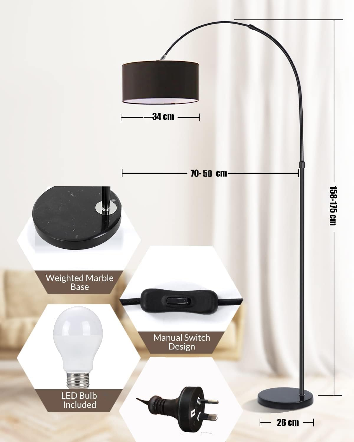 Standing Floor Lamp for Living Room Black Lampshade Adjustable, Floor Light, 12W LED Bulb İncluded, Home Decor Light image number 1