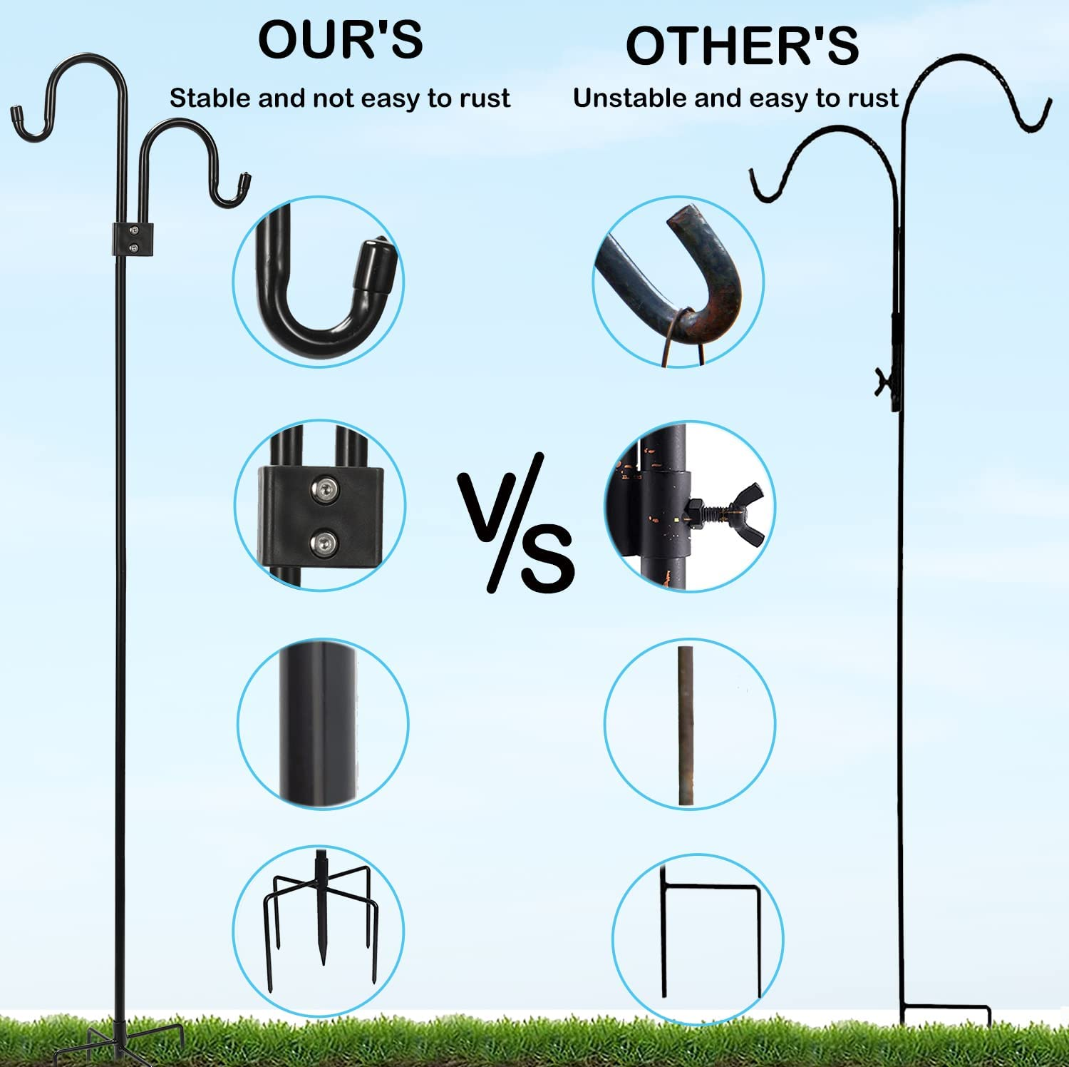 Double Shepherds Hooks for Outdoor, Adjustable Bird Feeder Pole 72 to 193Cm with 5-Prong Base, Heavy Duty Garden Shepards Hooks for Outdoor Plant Hanger, Wedding Decoration, Bird Feeder (76) image number 3