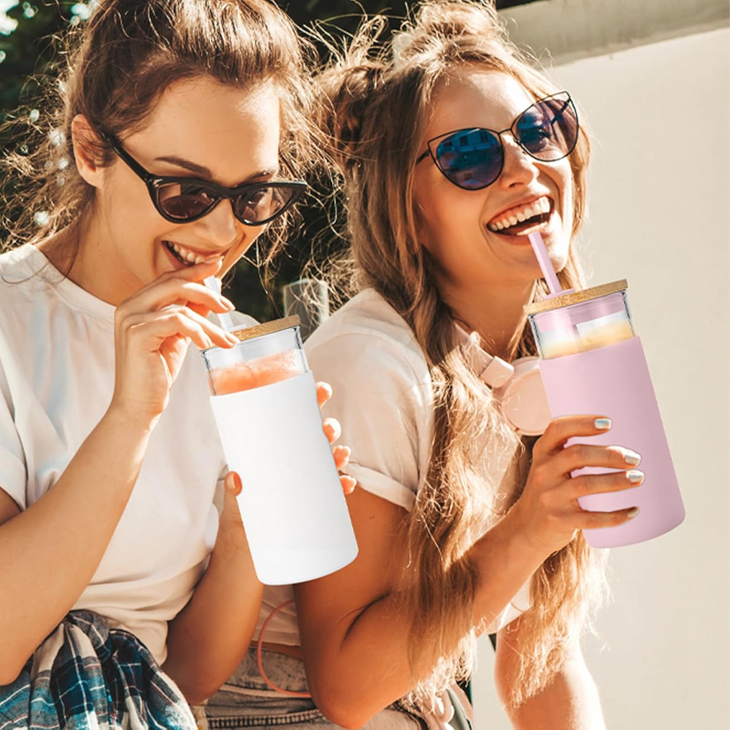 Tronco 20Oz Glass Tumbler Glass Water Bottle Straw Silicone Protective Sleeve Bamboo Lid - BPA Free, White image number 4